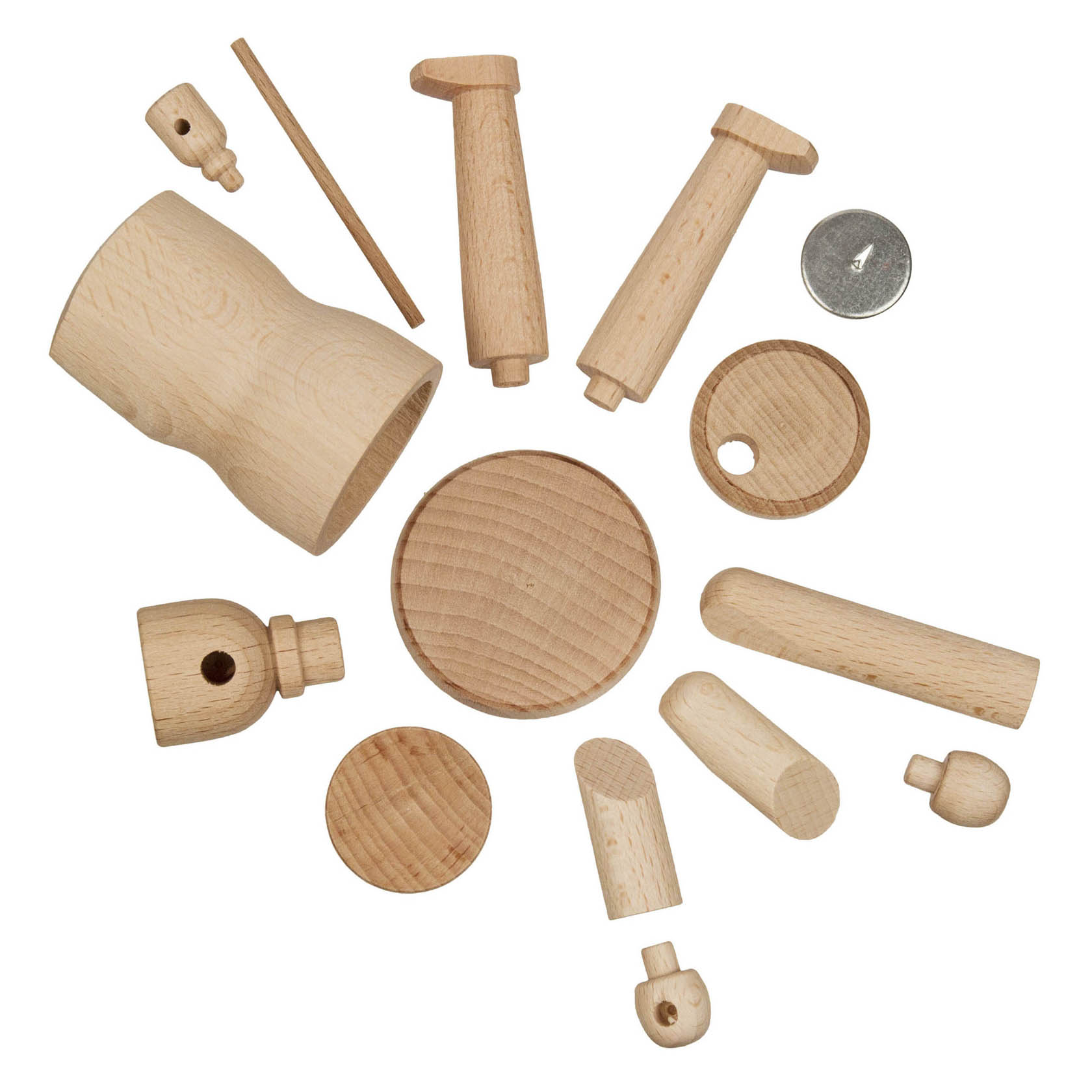 Holzteile eines Bastelsets für ein Räuchermännchen, einschließlich Oberkörper, Beine, Kopf und Zubehör wie Hut und Sockel.