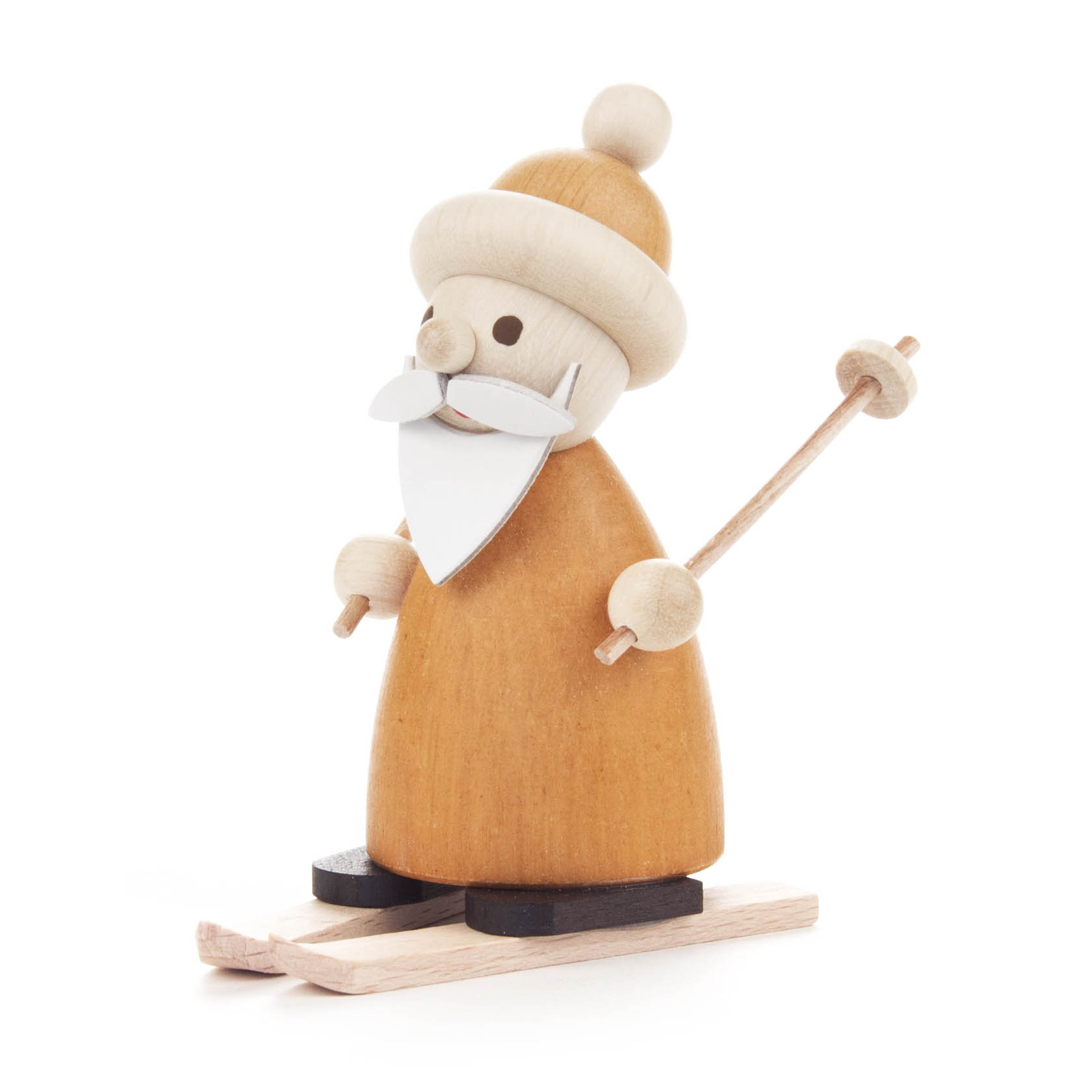 Holzfigur von Ruprecht im langen Mantel, mit Bart und Mütze, auf Skiern stehend und Stöcke haltend. im Dregeno Online Shop günstig kaufen