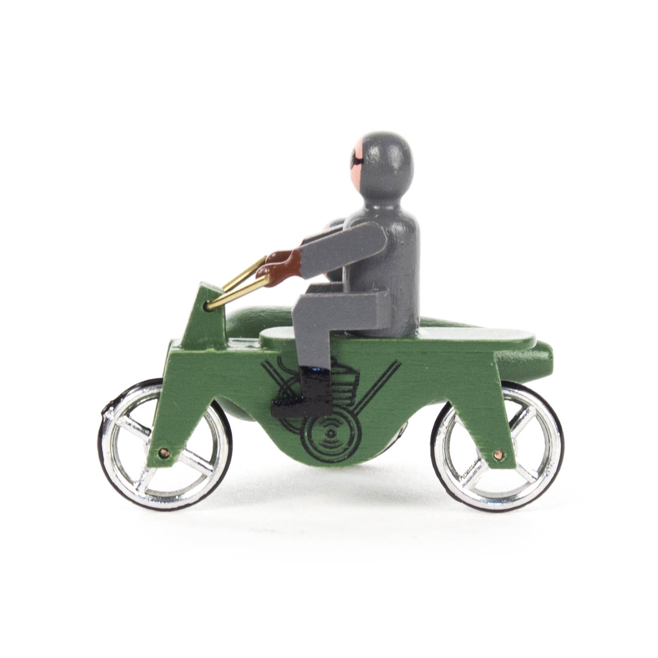 Grüne Miniatur eines Motorrads mit Seitenwagen, fahrend mit einer grauen Figur als Fahrer.