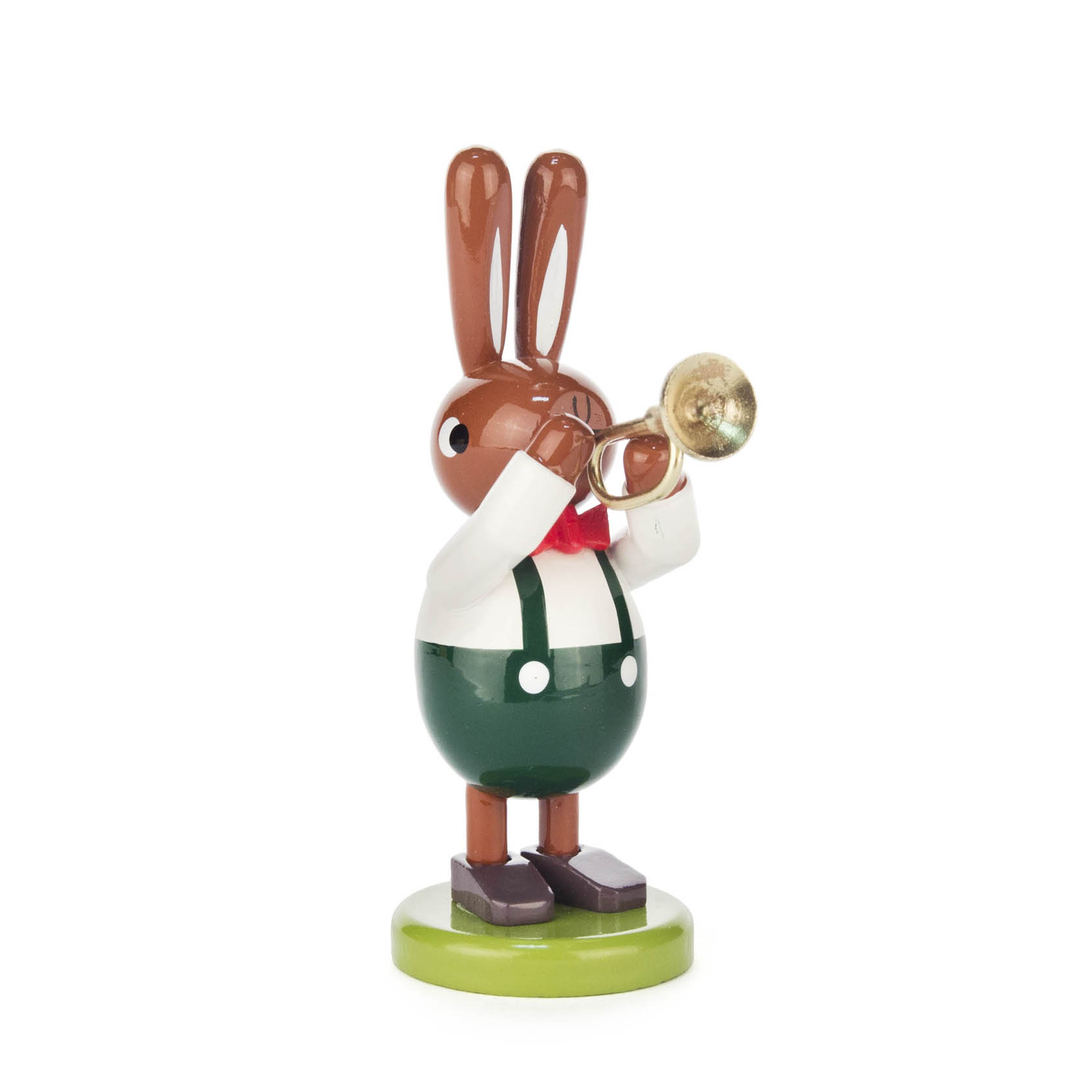 Holzfigur eines kleinen Hasen im Anzug, der eine goldene Trompete spielt. im Dregeno Online Shop günstig kaufen