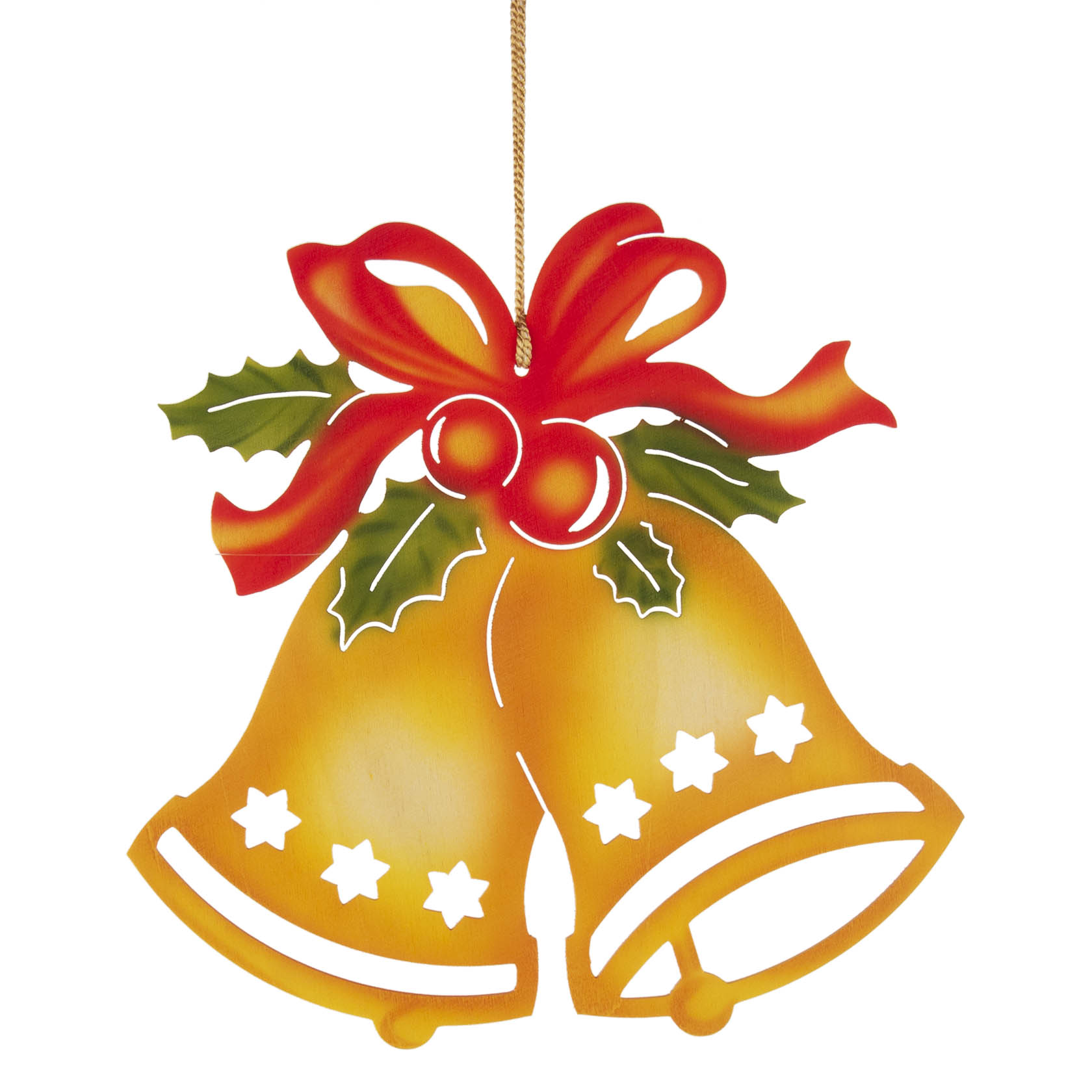 Zwei goldene Glocken mit roten Schleifen, grünen Blättern und roten Beeren, dekorativ gestaltet mit Sternenausschnitten. im Dregeno Online Shop günstig kaufen