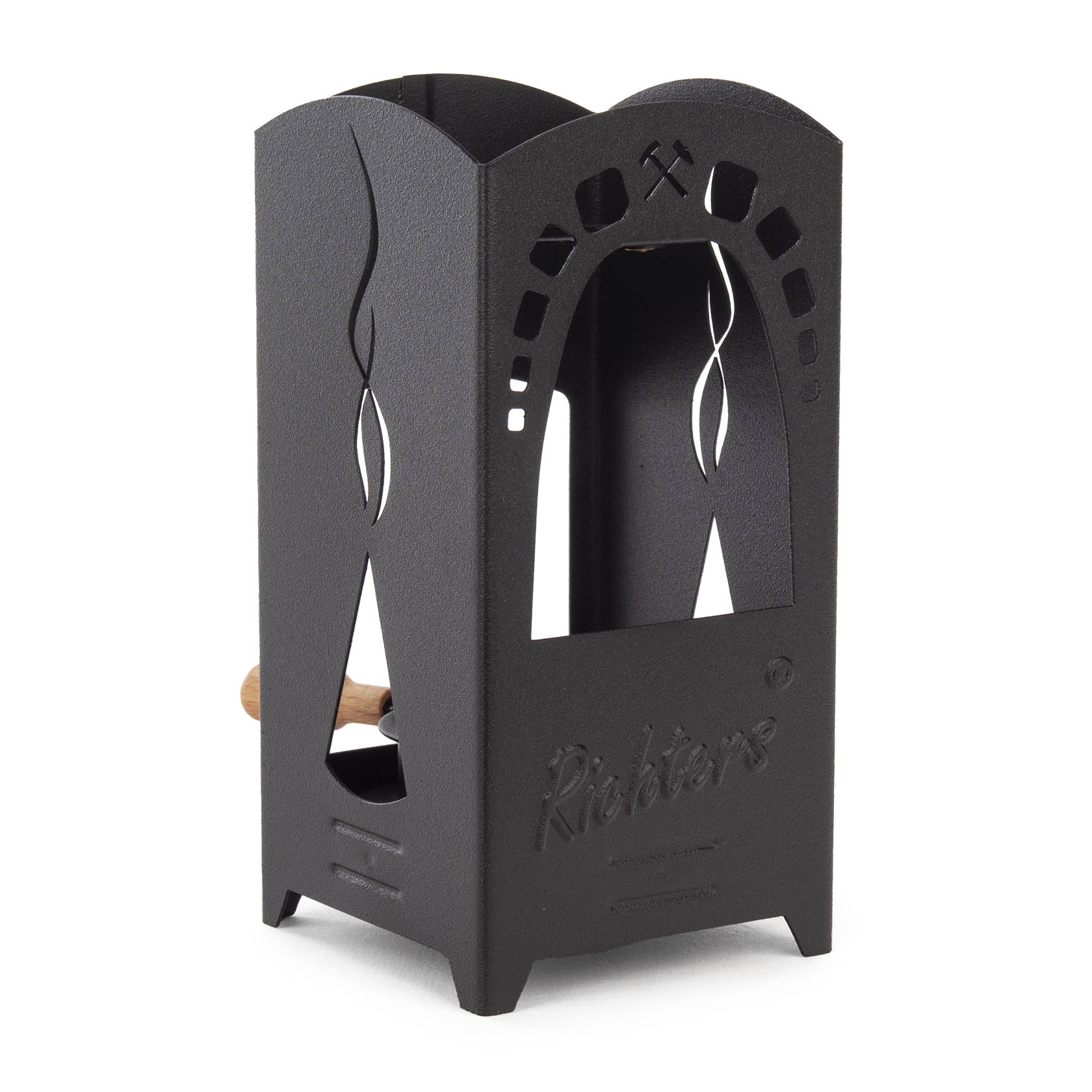 Schwarze Räucherlaterne aus Metall mit geschwungenen Mustern auf der Vorderseite und integriertem Holzgriff. im Dregeno Online Shop günstig kaufen