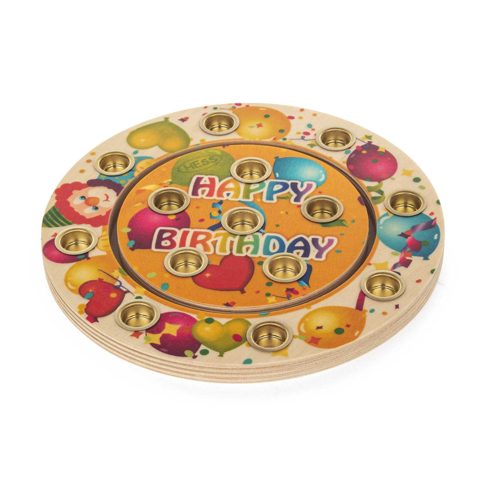 Ein runder Geburtstagsring aus Holz mit farbenfrohen Ballons und der Aufschrift 'Happy Birthday'. Der Ring hat kleine Löcher für Kerzen. im Dregeno Online Shop günstig kaufen