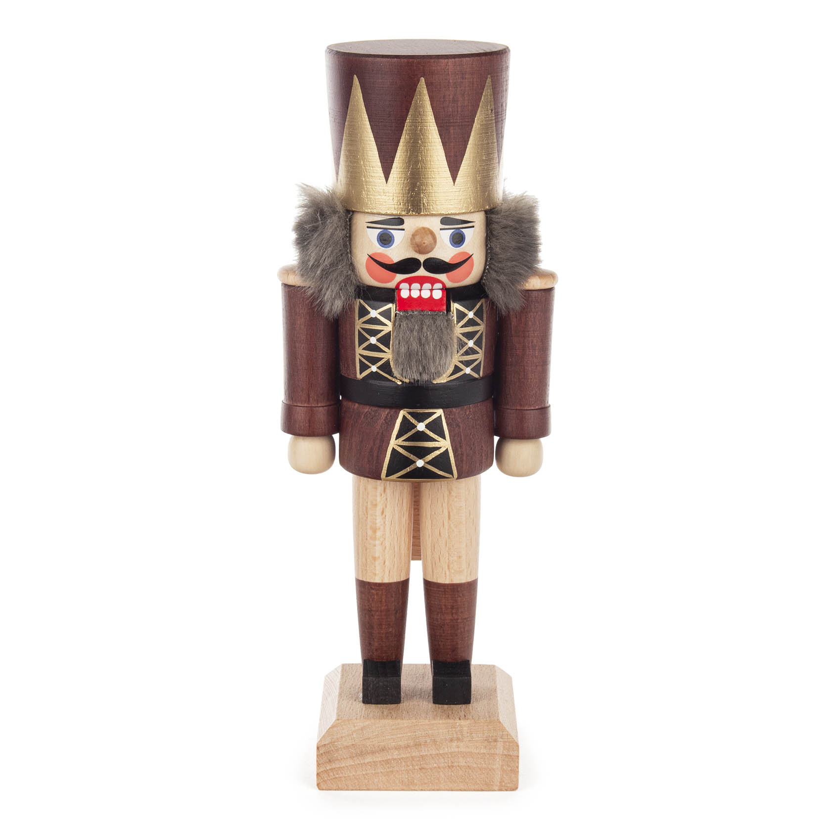 Braun lasierter Nussknacker in Form eines Königs mit goldener Krone, rotem Mund und Pelzbesatz, aufrecht stehend, 19 cm groß. im Dregeno Online Shop günstig kaufen