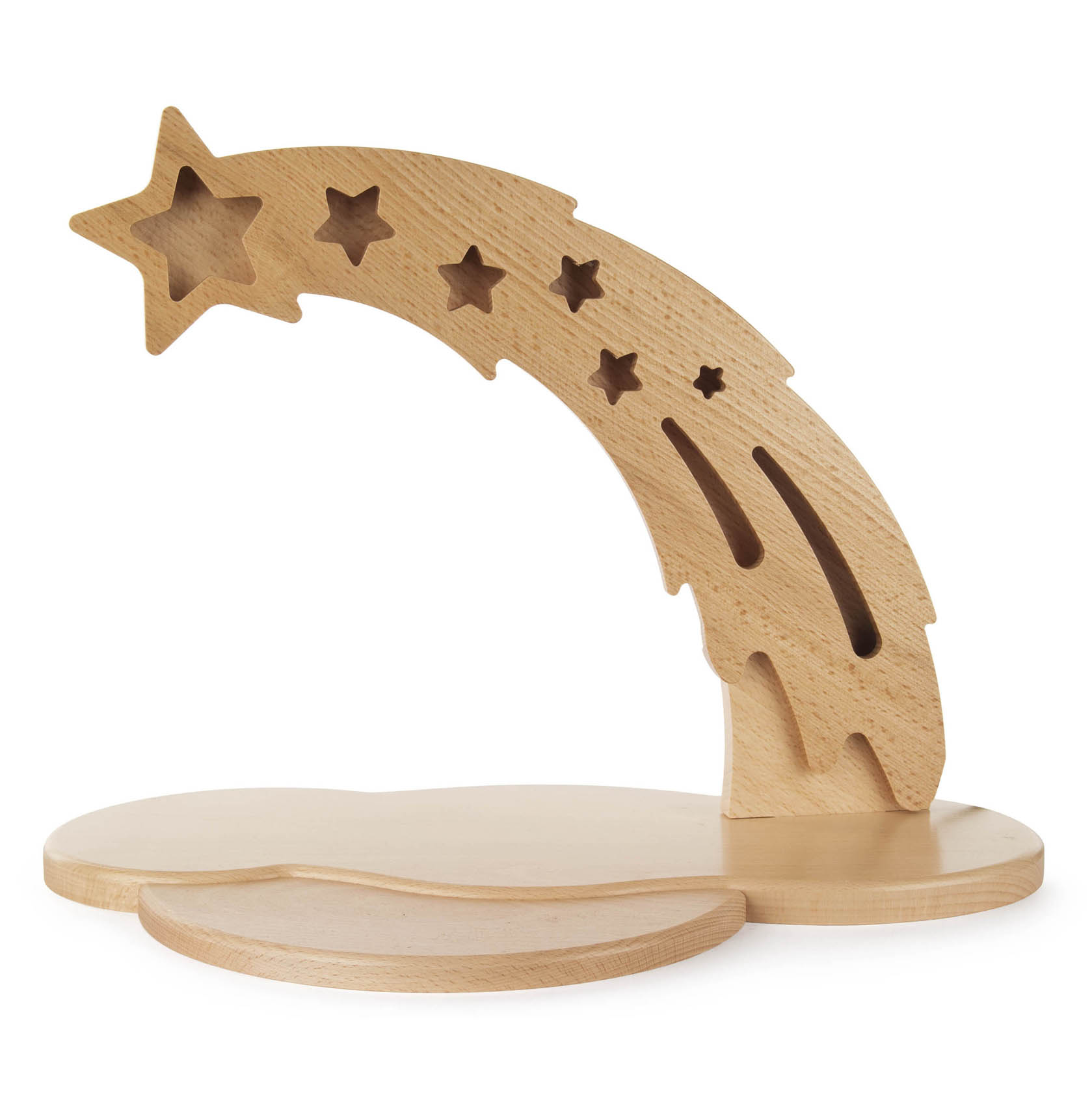 Sternbogen aus Holz mit ausgeschnittenen Sternen und Schweif auf einem zweiteiligen Sockel. LED-Beleuchtung ist integriert. im Dregeno Online Shop günstig kaufen