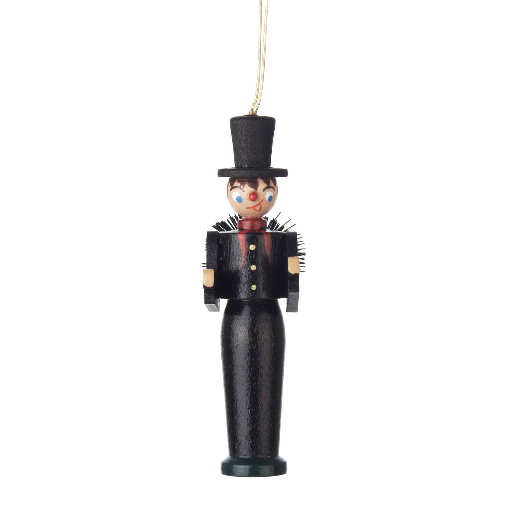 Holzfigur eines Schornsteinfegers mit Zylinder und roter Fliege, umgeben von schwarzen Stäben, an einem goldenen Faden hängend. im Dregeno Online Shop günstig kaufen
