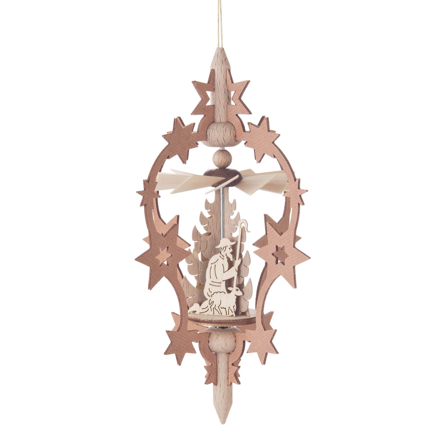 Hängender Holzstern mit christlicher Geburts Szene, umrahmt von Sternen, darunter eine rotierende Holzfigur. im Dregeno Online Shop günstig kaufen