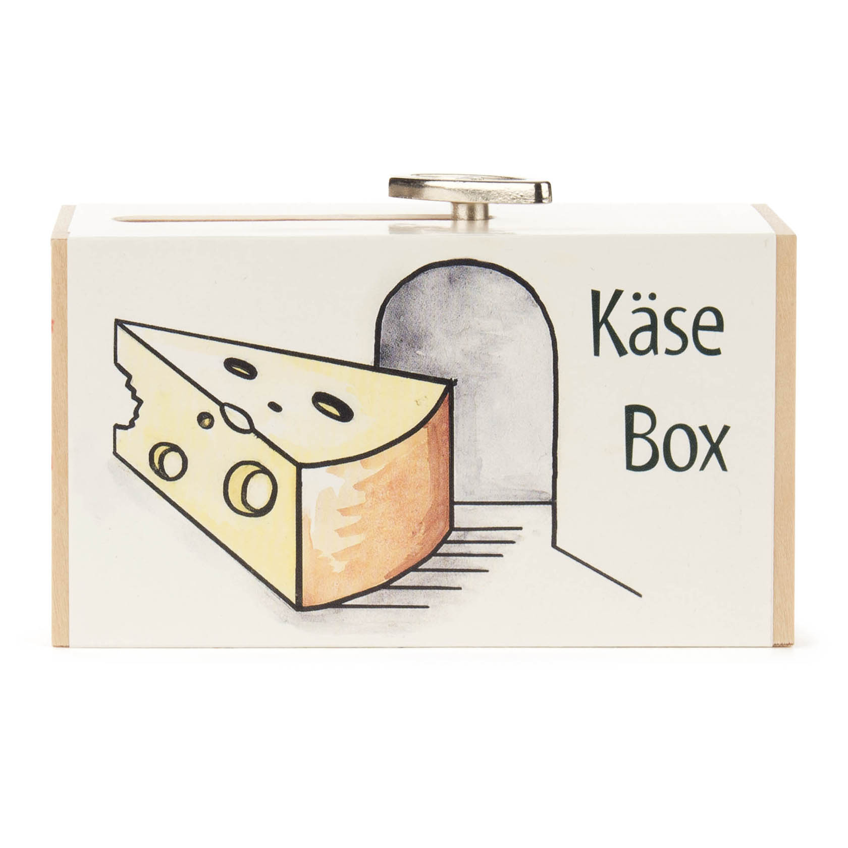Eine Schiebebox aus Holz mit der Aufschrift 'Käse-Box'. Ein Stück Käse und eine angedeutete Mausefalle sind darauf abgebildet.