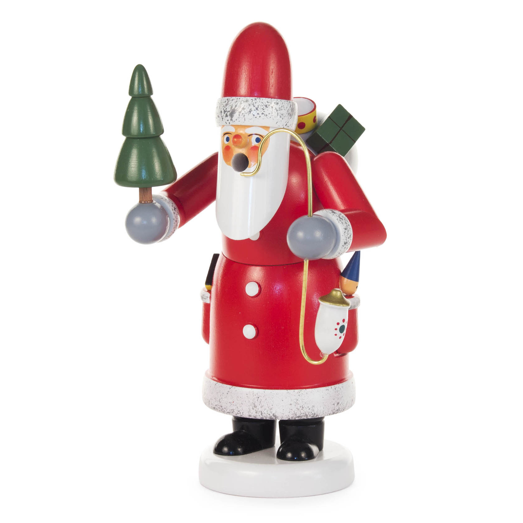 Räuchermann in Form eines Weihnachtsmanns in Rot, der eine grüne Tanne trägt und einen Rucksack mit Geschenken auf dem Rücken hat. im Dregeno Online Shop günstig kaufen