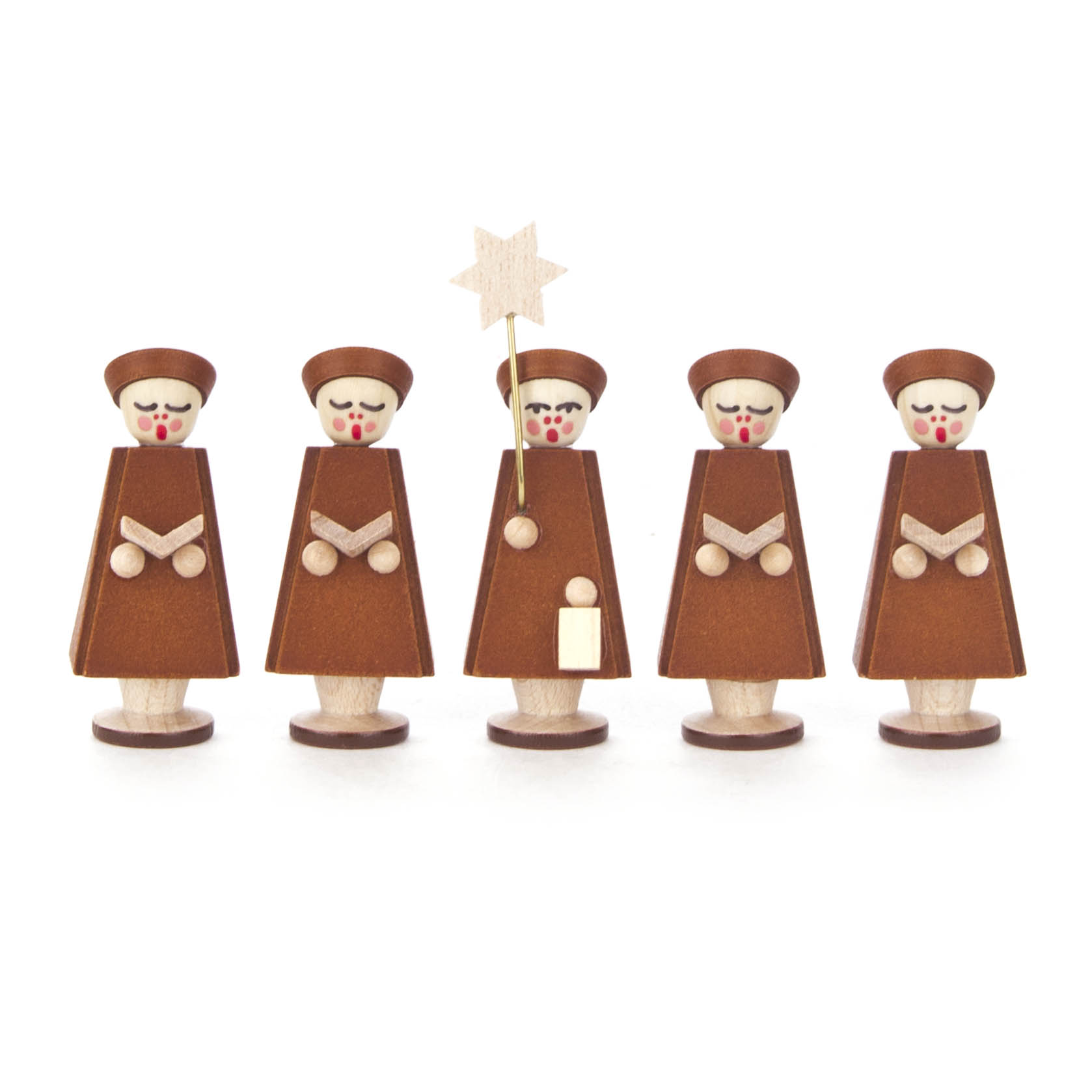 Fünf hölzerne Kurrendefiguren in braunen Gewändern und runden Hüten, eine Figur hält einen Sternstab. Alle Figuren haben ein Buch in den Händen. im Dregeno Online Shop günstig kaufen