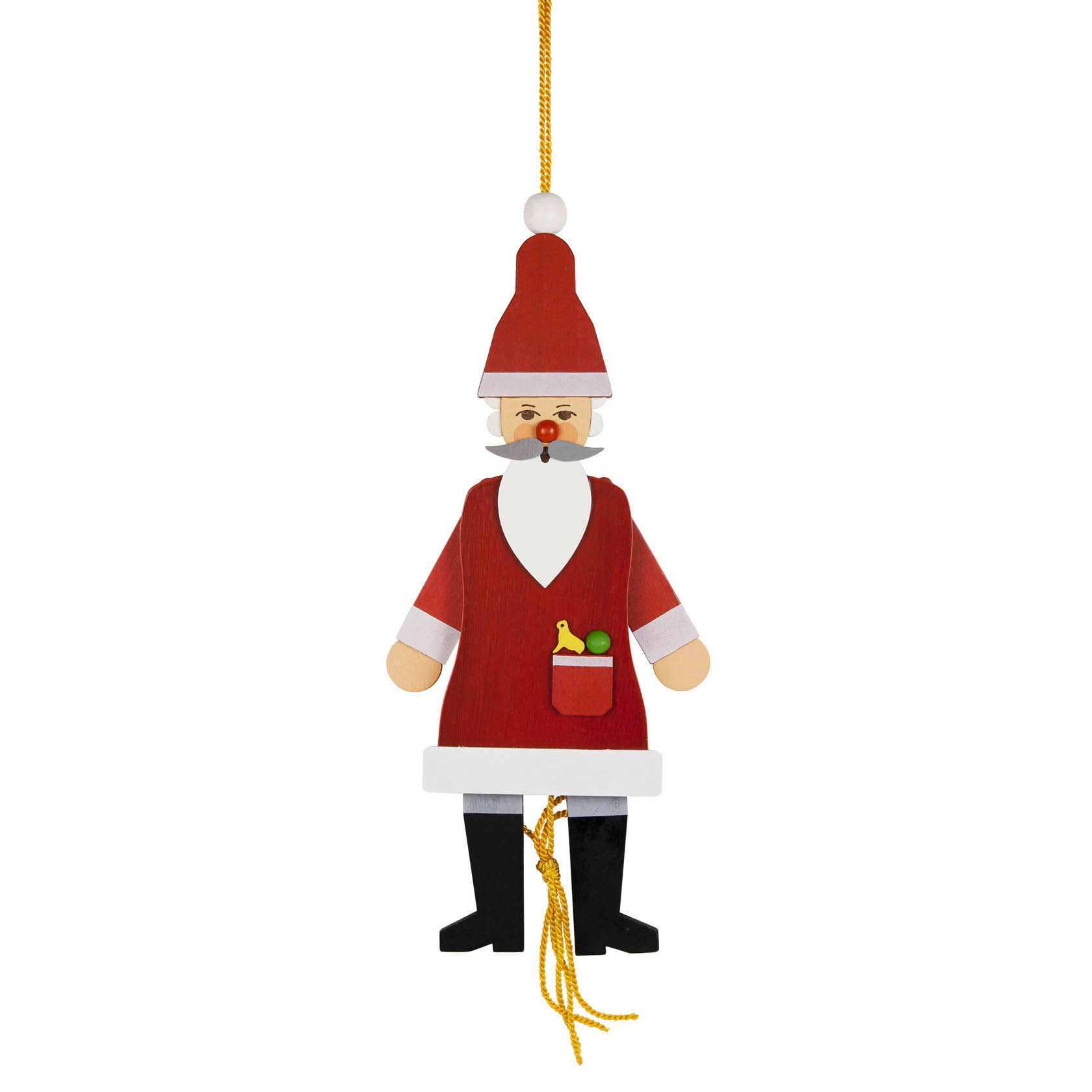Ein Hampelmann in Form eines Weihnachtsmannes. Er trägt einen roten Mantel, schwarzen Stiefeln, einen roten Hut und hat einen weißen Bart. im Dregeno Online Shop günstig kaufen