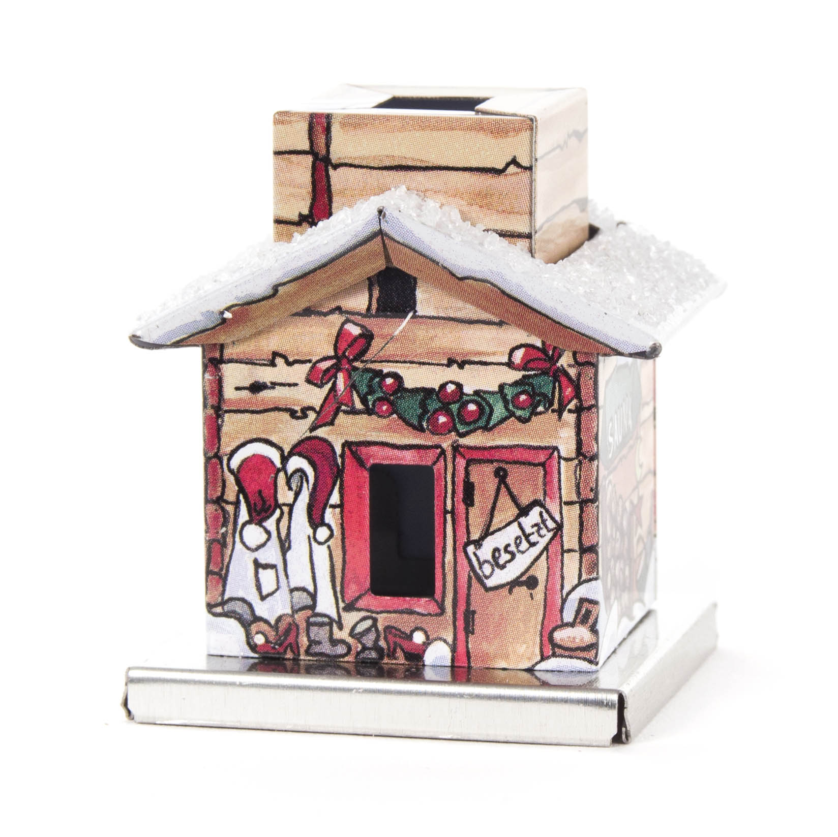 Kleines, bunt bemaltes Räucherhäuschen mit weihnachtlichem Motiv, bestehend aus einem stilisierten Haus mit Schneebedeckung und der Aufschrift 'besetzt'. im Dregeno Online Shop günstig kaufen