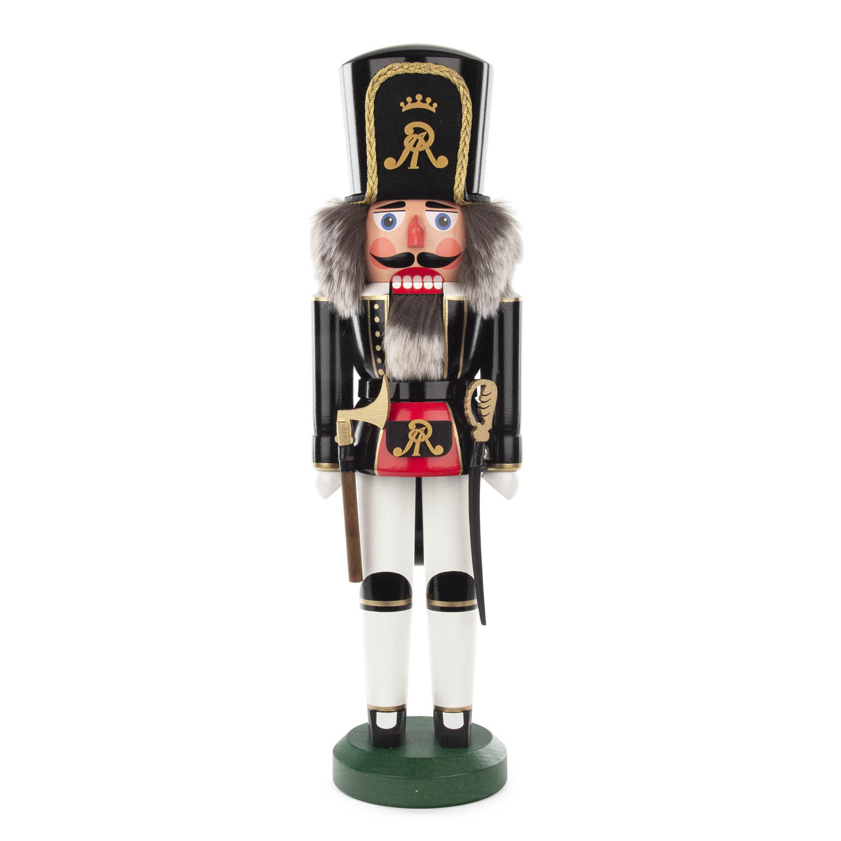 Nussknacker in Form eines Bergmannes, 42 cm hoch, in schwarzer Uniform mit goldenen Details und rotem Einsatz, Pelzkragen und großem Hut. im Dregeno Online Shop günstig kaufen