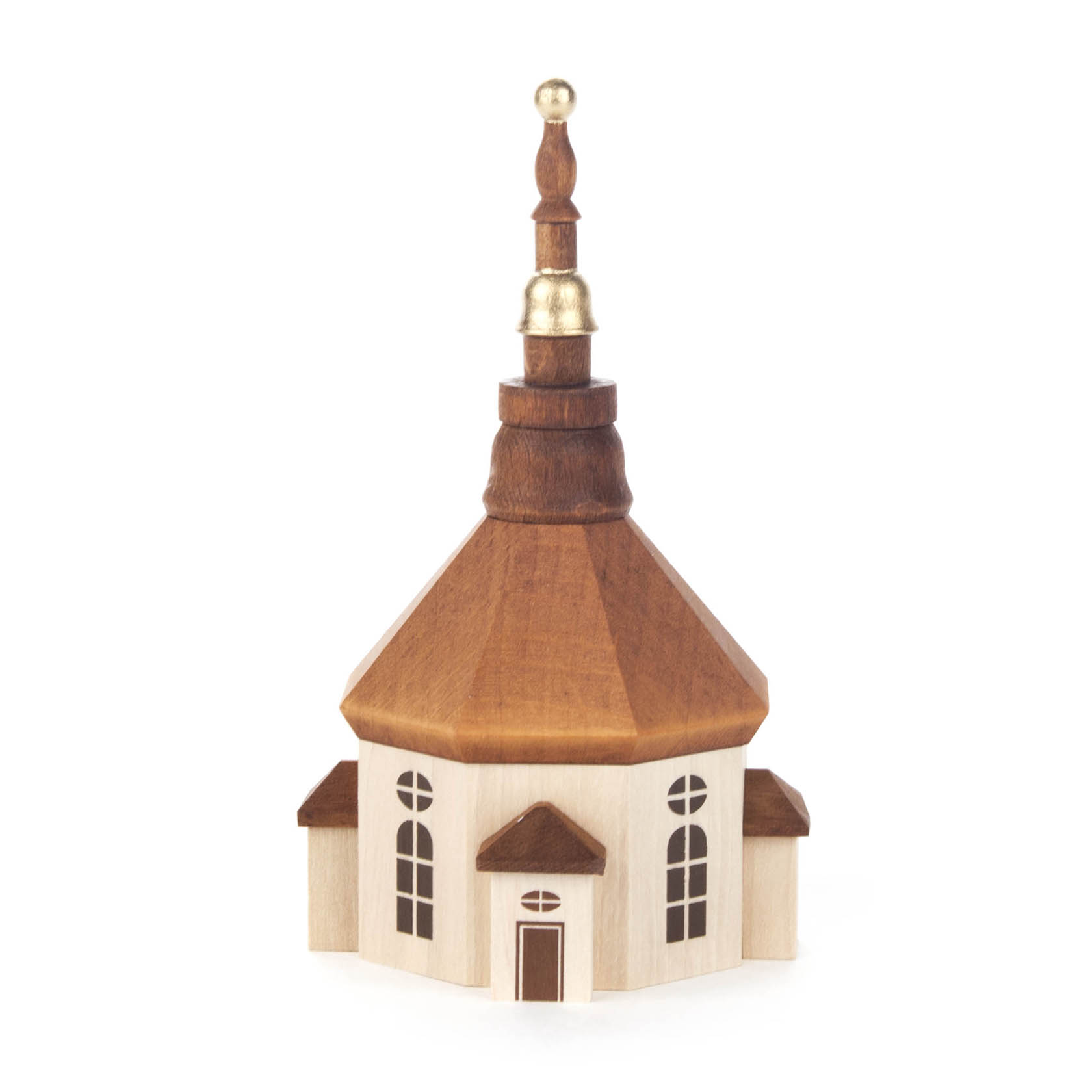 Holzmodell der Seiffener Kirche in Naturfarben, mit achteckigem Grundriss und zentralem Turm mit goldener Spitze. im Dregeno Online Shop günstig kaufen
