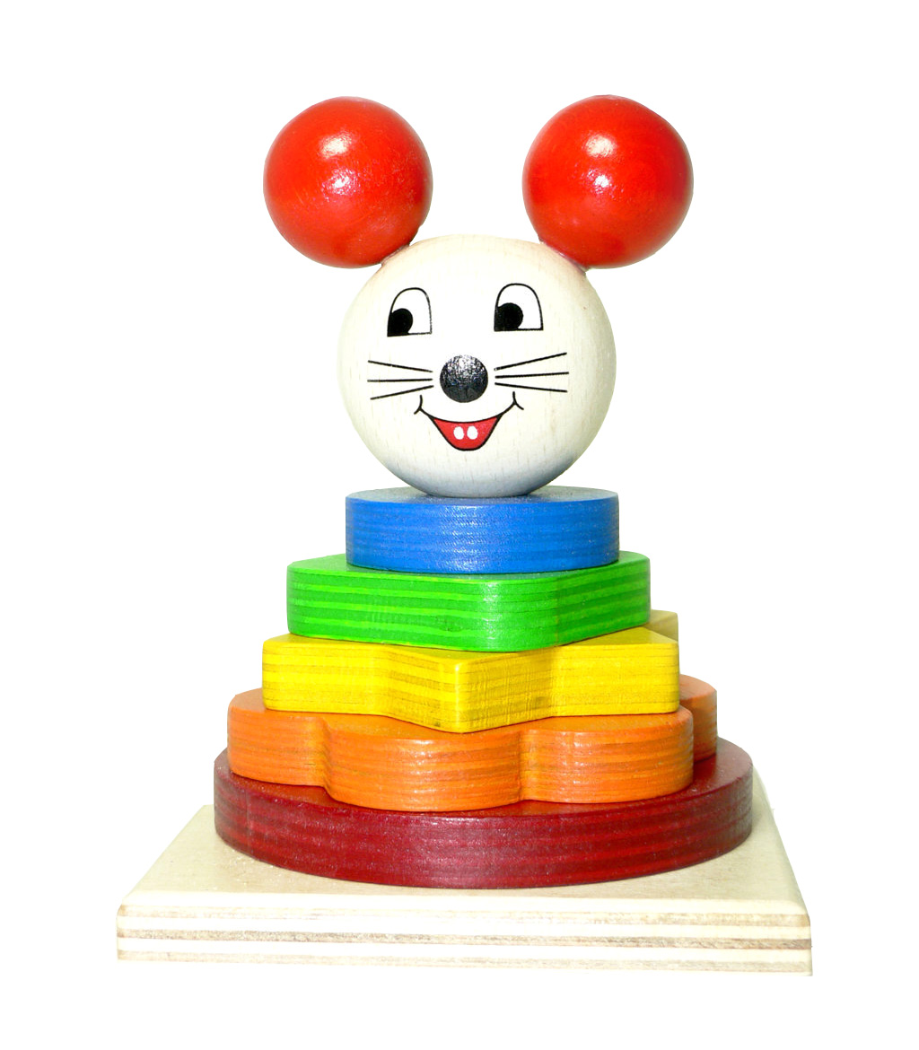 Ein bunter Stapelturm aus Holz mit einer Mausfigur als Spitze. Die Maus hat rote Kugeln als Ohren und ein freundliches Gesicht. im Dregeno Online Shop günstig kaufen