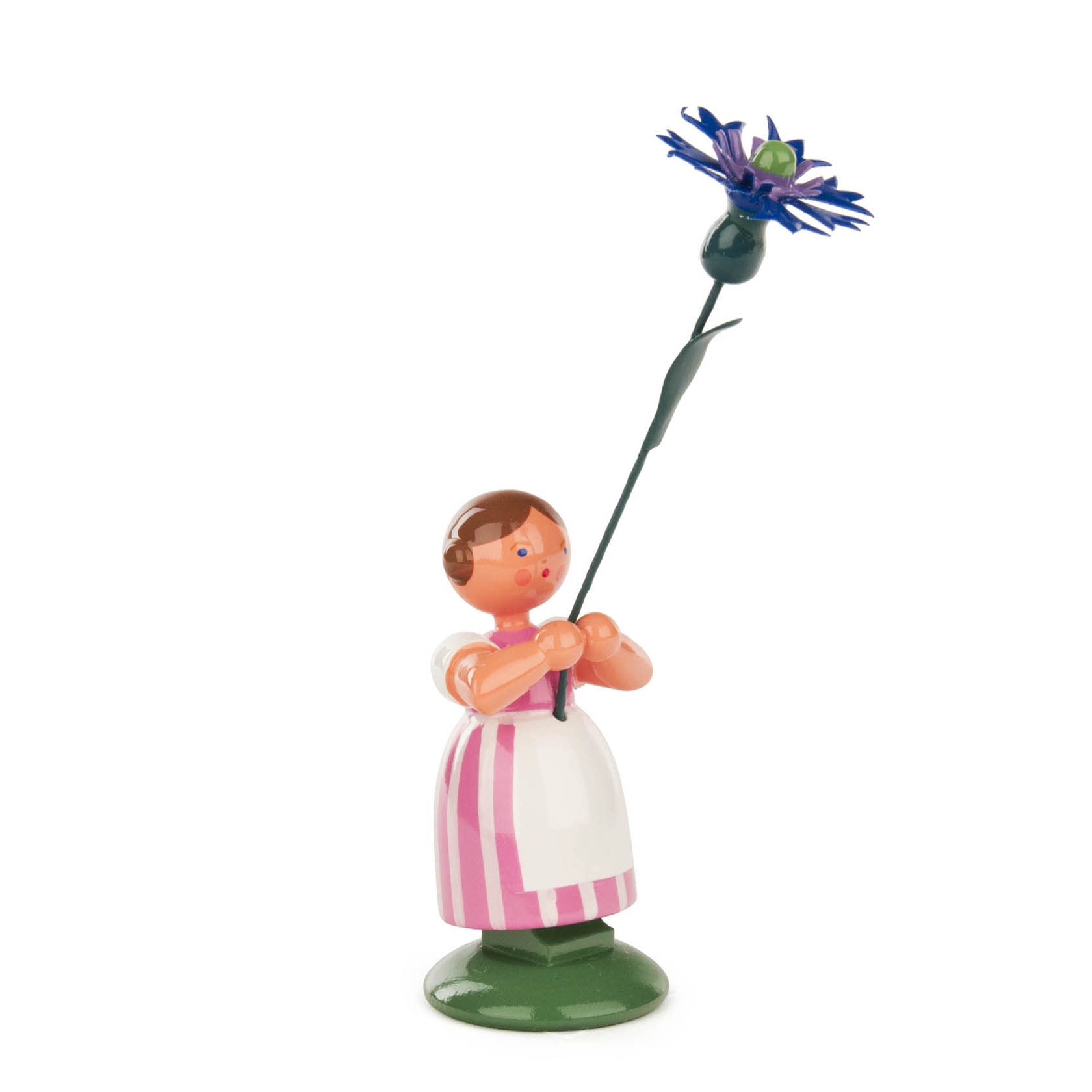 Holzfigur eines Mädchens in einem gestreiften rosa Kleid, das eine große Kornblume in den Händen hält. im Dregeno Online Shop günstig kaufen