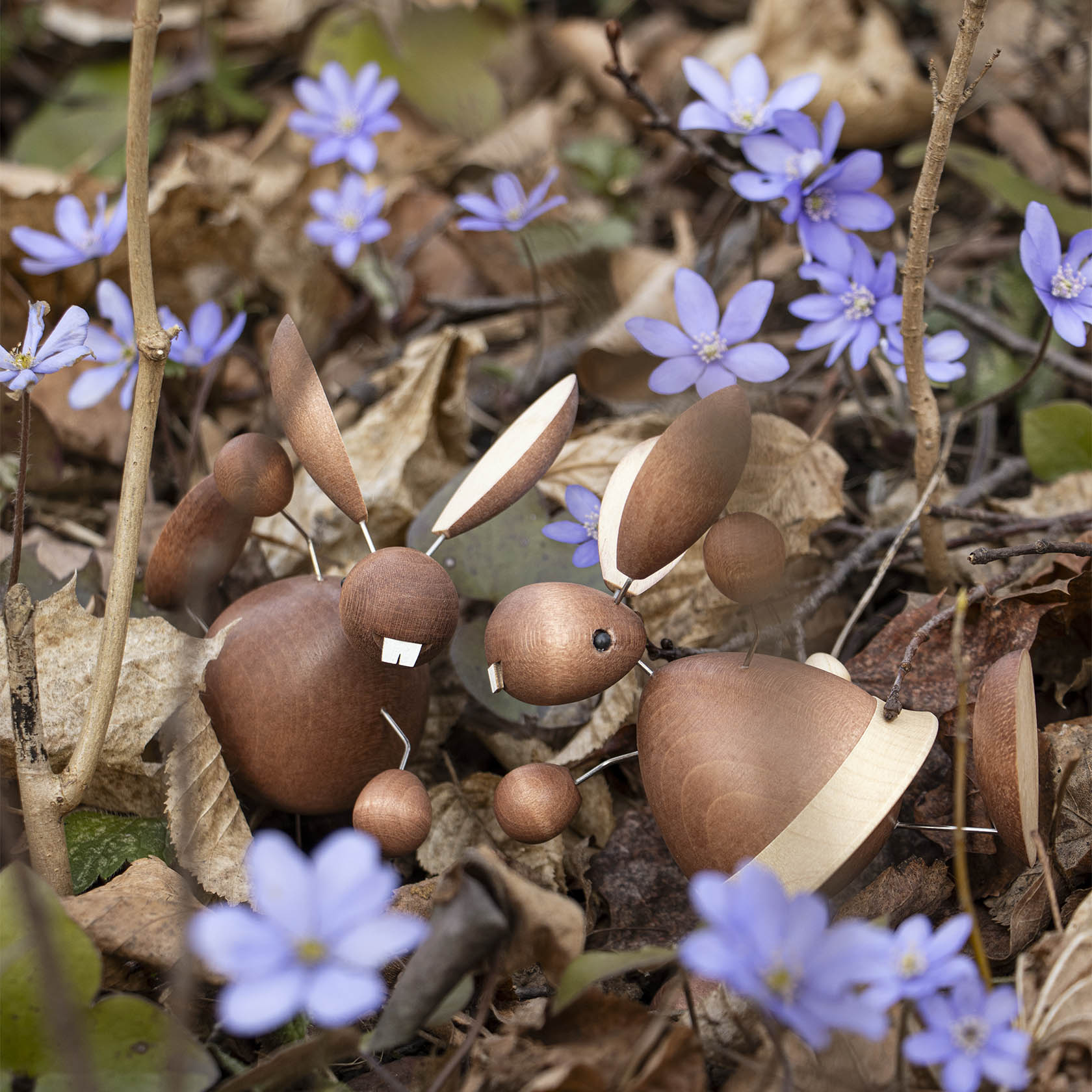 Zwei aus Holz geschnitzte Hasen mit weißen Zähnen und beweglichen Köpfen, umgeben von violetten Blumen und braunen Herbstblättern.