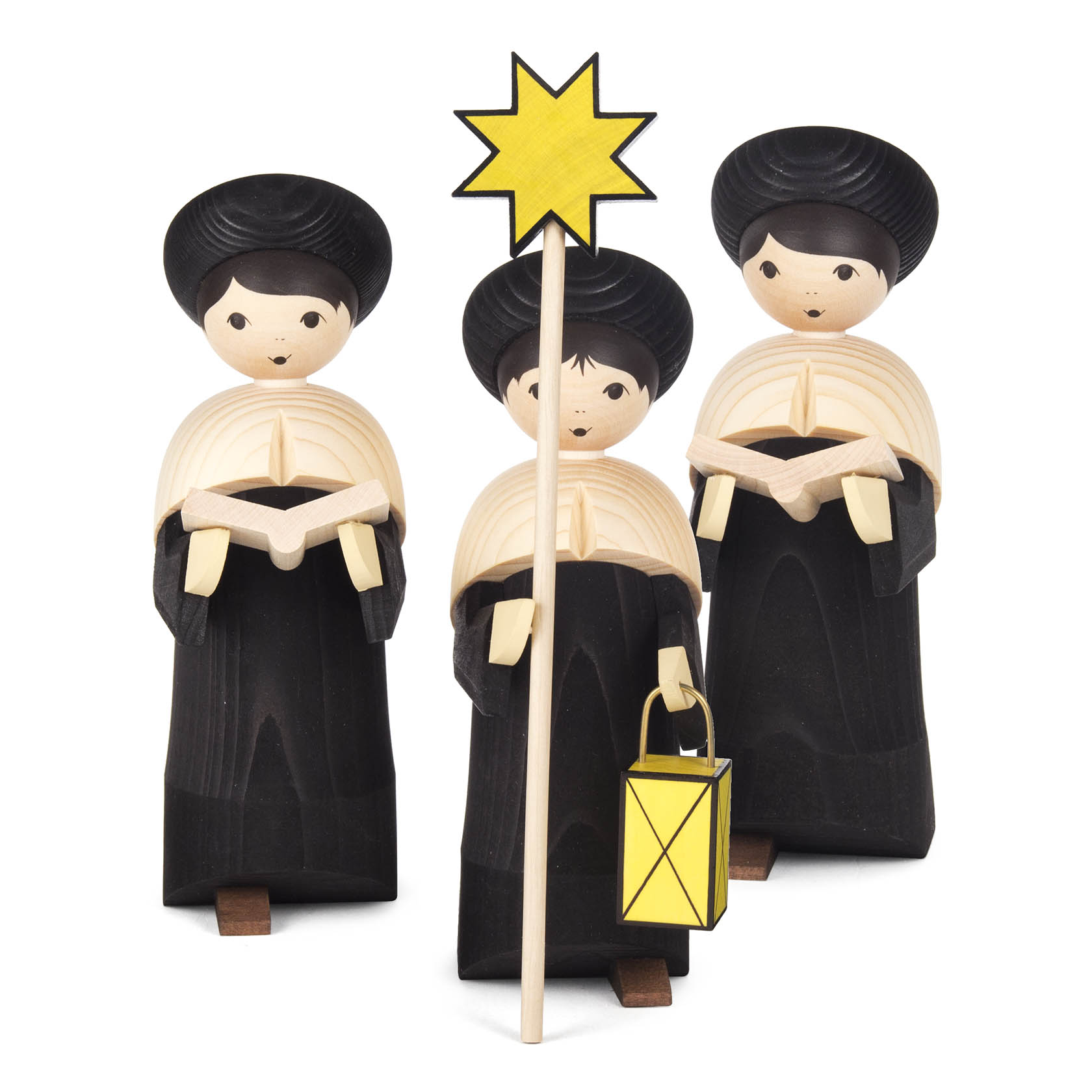 Drei traditionelle Kurrendefiguren aus Holz, schwarz gebeizt, je 26,5 cm hoch, mit Stern und Laterne. im Dregeno Online Shop günstig kaufen