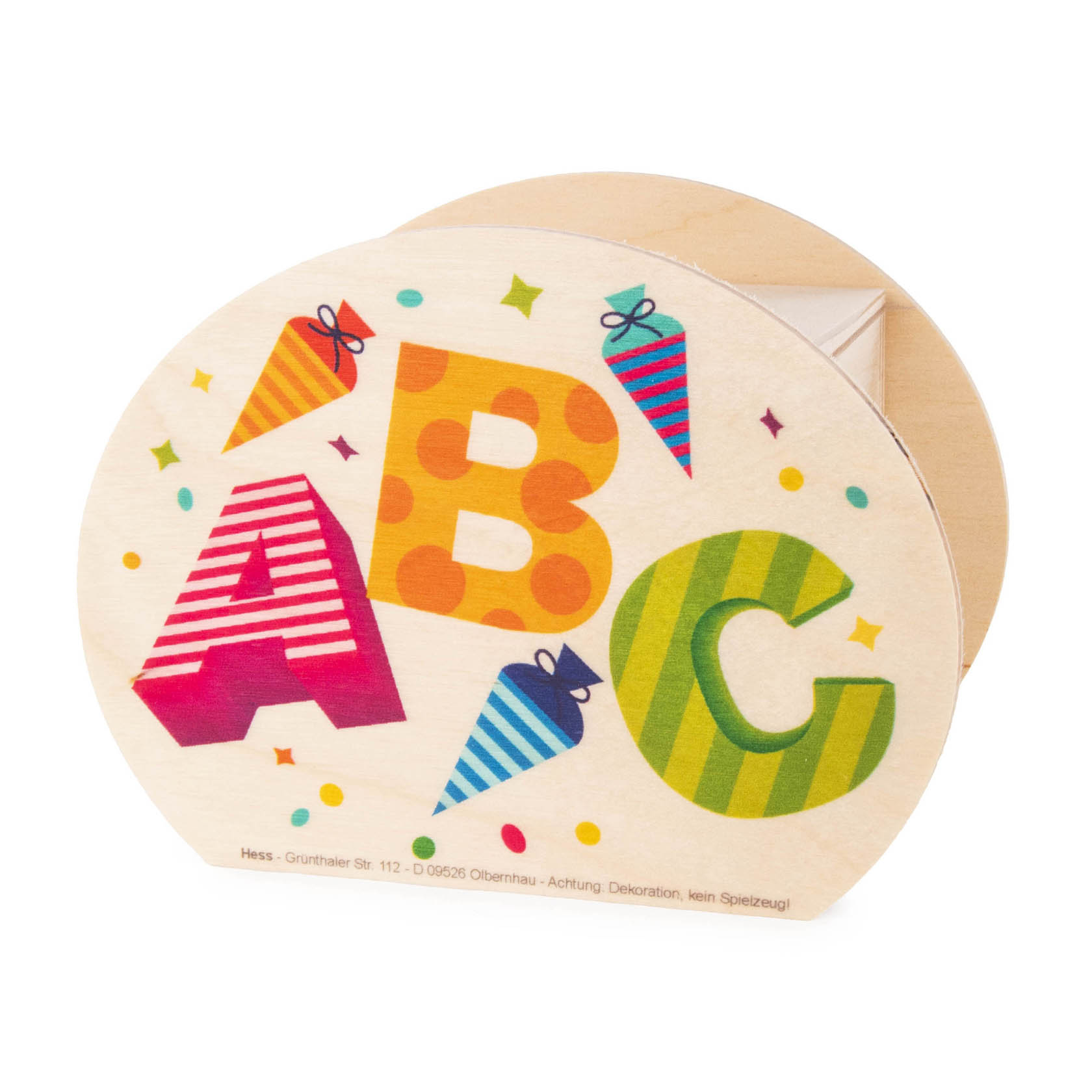 Ovale Spardose aus Holz mit bunten Buchstaben ABC und Zuckertüten verziert, geeignet für den Schulanfang.