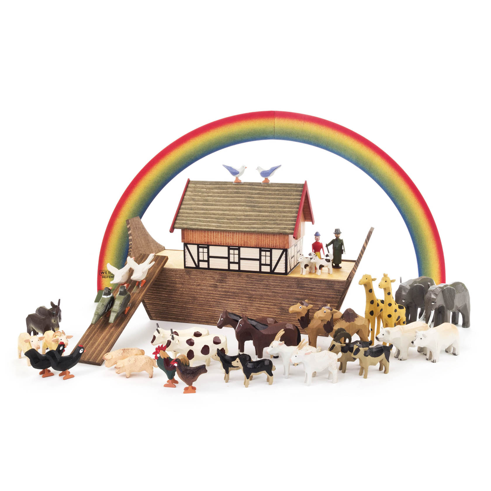 Holzspielzeug 'Arche Noah' mit 36 Tieren, 2 Menschenfiguren, und einem Regenbogen im Hintergrund. Dabei sind u.a. Giraffen, Elefanten und Tauben. im Dregeno Online Shop günstig kaufen