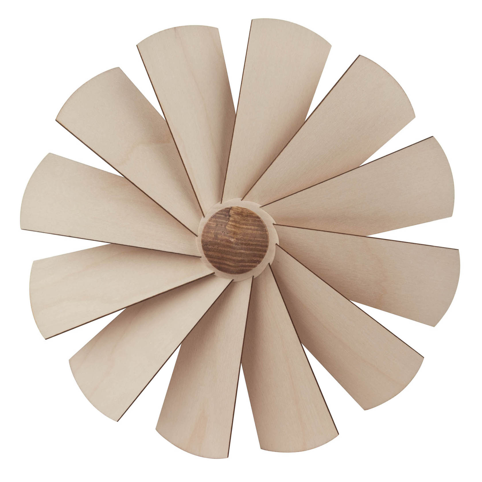 Holzflügelrad mit 12 breiten, gleichmäßigen Schaufeln und sichtbarer 3mm Bohrung in der Mitte. im Dregeno Online Shop günstig kaufen