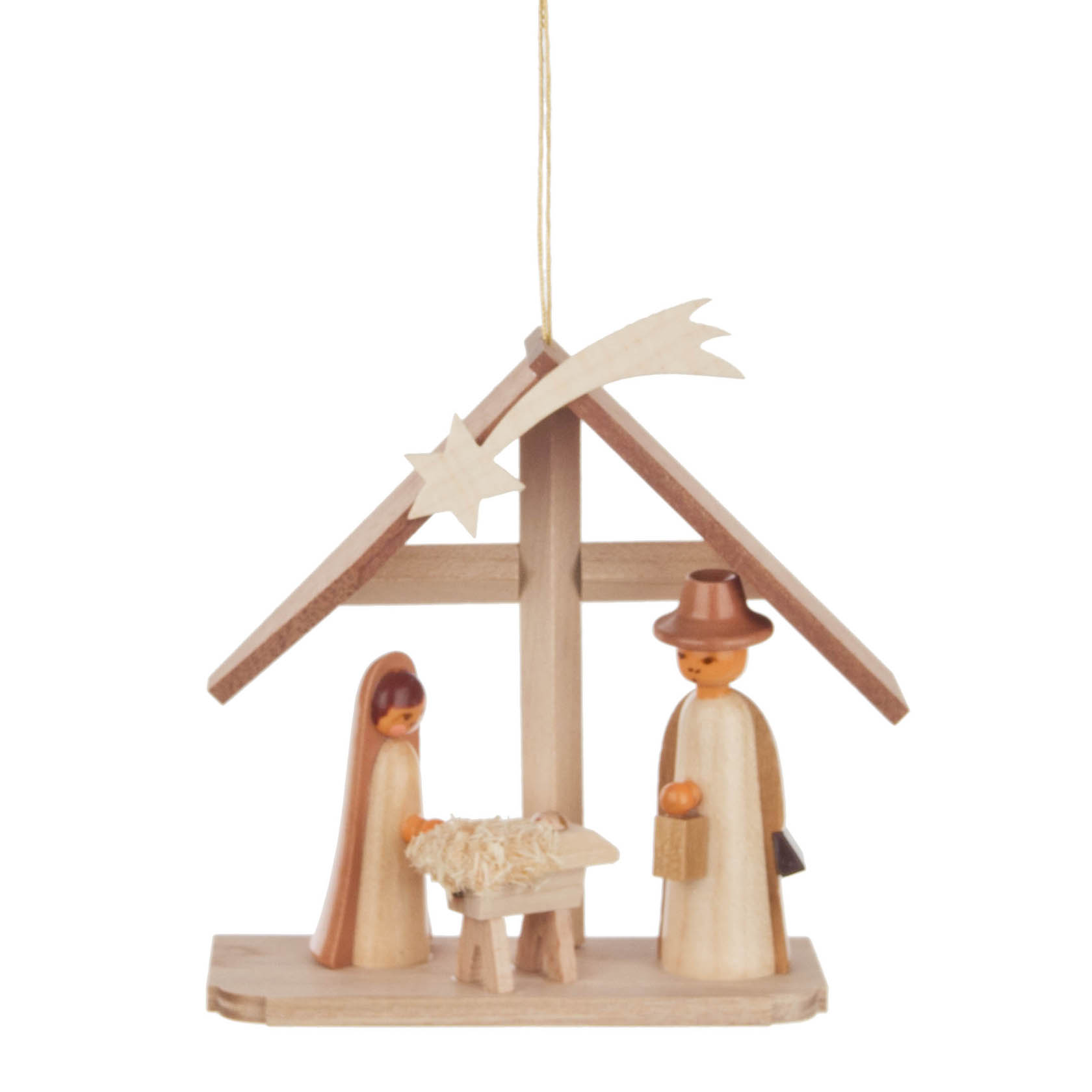 Holzkrippe mit Jesuskind in einer Holzkrippe, Maria und Josef daneben unter einem einfachen Holzdach mit Stern. im Dregeno Online Shop günstig kaufen