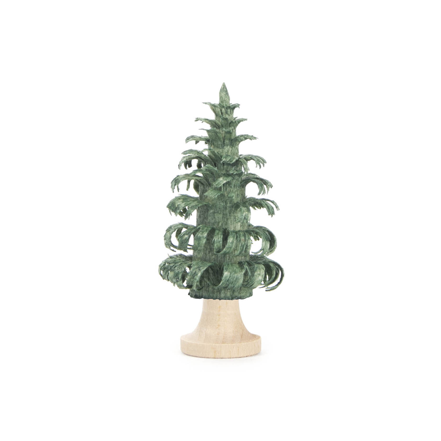 Ein kleiner, grüner Ringelbaum aus Holz mit einem gedrehten, spiralförmigen Design auf einem hellen Holzstamm. im Dregeno Online Shop günstig kaufen