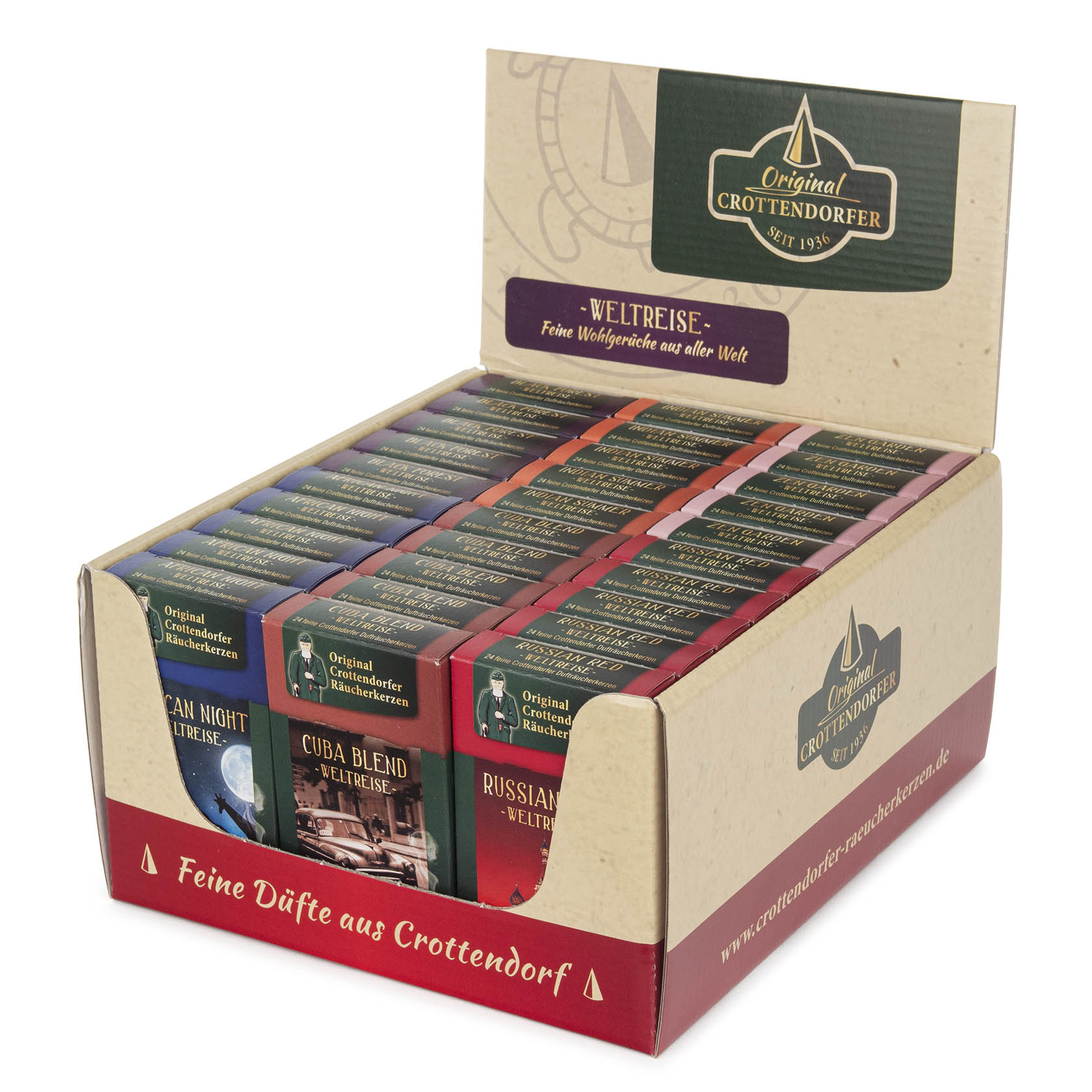 Display mit 30 Schachteln Räucherkerzen, jede Schachtel mit einem anderen Duft aus verschiedenen Ländern, Markenname 'Original Crottendorfer'. im Dregeno Online Shop günstig kaufen