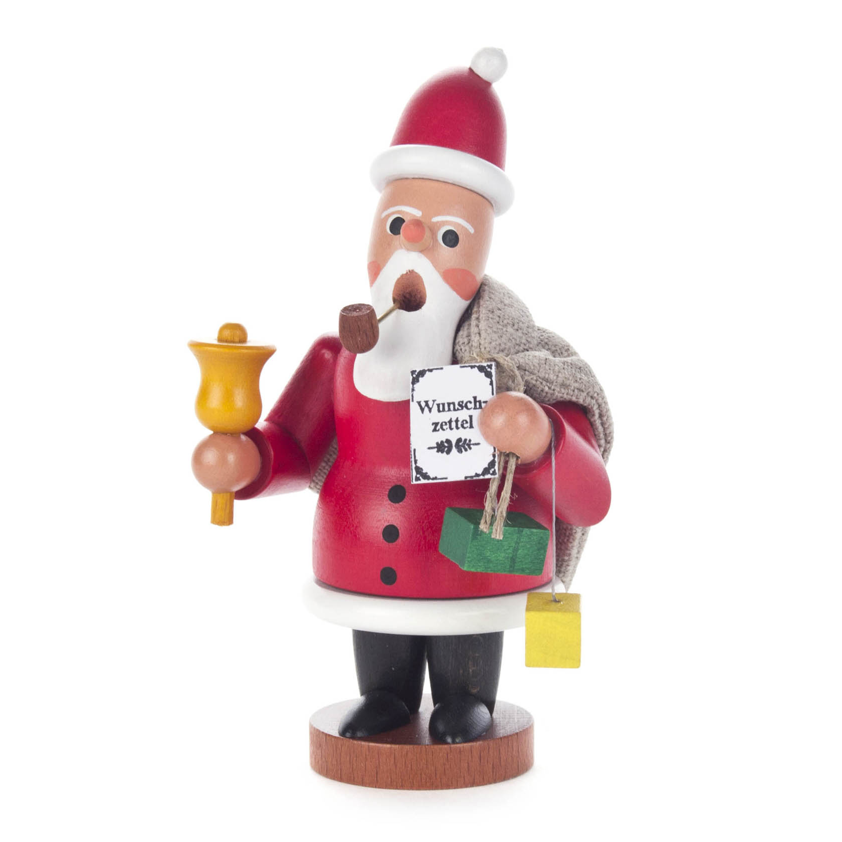 Ein traditioneller Räuchermann in Form eines Weihnachtsmannes, der eine Glocke und einen Sack trägt und eine Pfeife raucht. Mit einem Wunschzettel in der Hand. im Dregeno Online Shop günstig kaufen