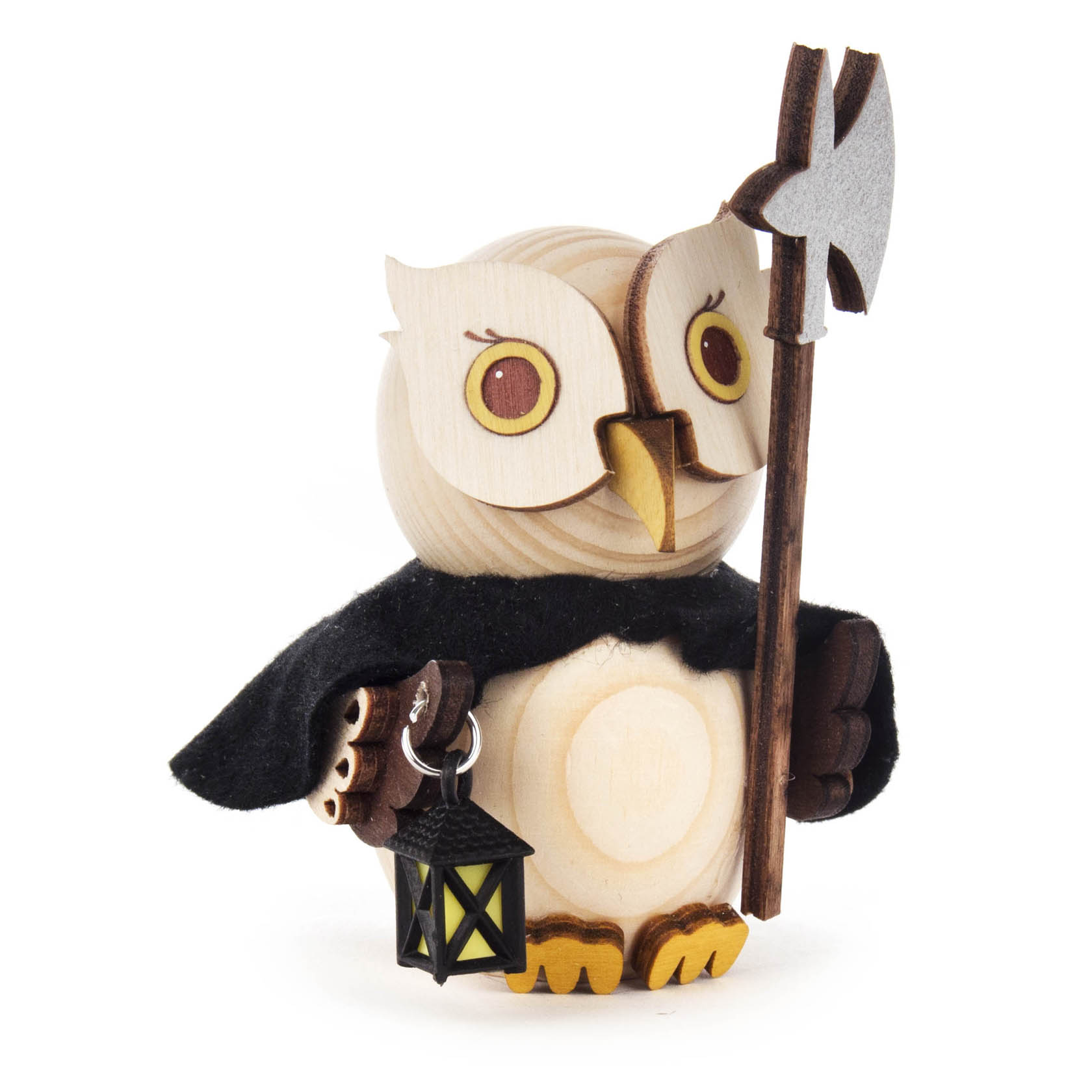 Holzeule mit schwarzem Umhang hält eine Laterne und eine Hellebarde. Die Eule trägt eine Maske über einem Auge. im Dregeno Online Shop günstig kaufen