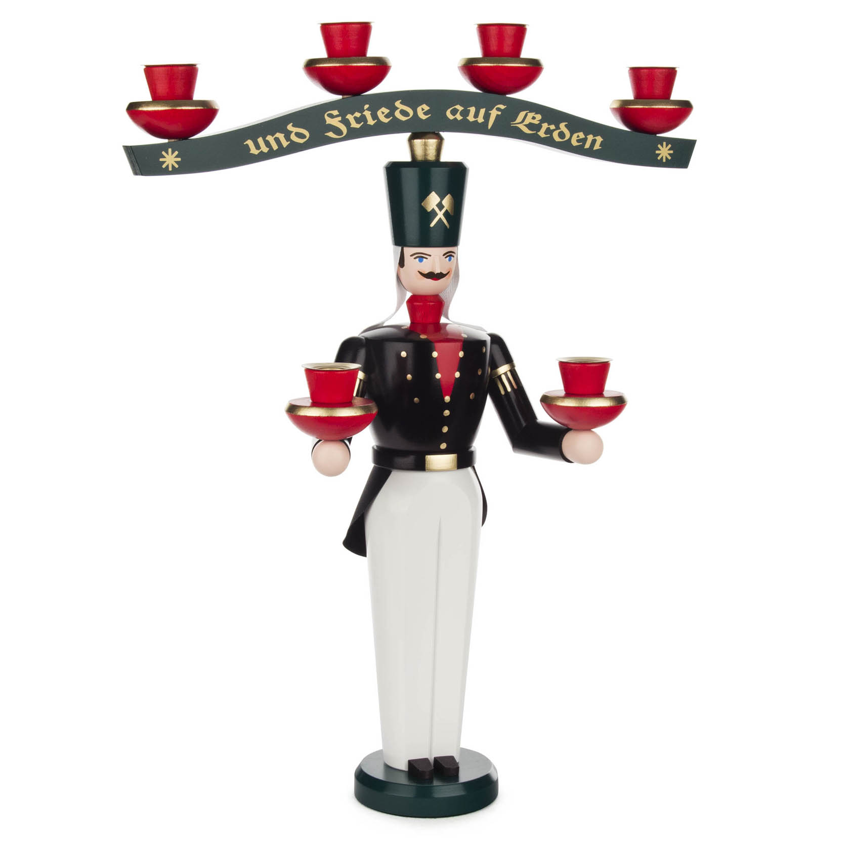 Ein farbenfroher Lichterbergmann mit schwarzem Hut und Uniform, der rote Kerzenhalter in den Händen und über den Schultern trägt.