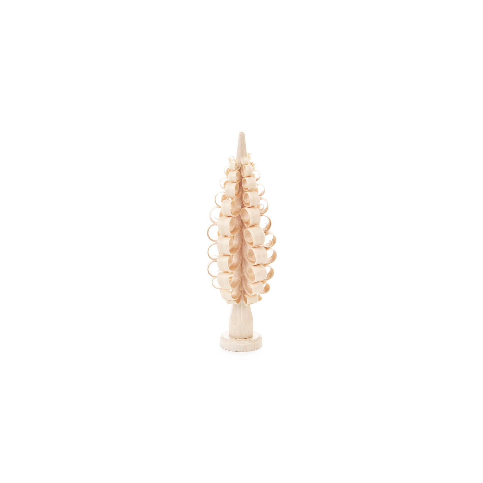Ein natürlicher Spanbaum von 12 cm Höhe, mit feinen, spiralförmigen Holzspänen, die gleichmäßig vom Zentrum ausgehen. im Dregeno Online Shop günstig kaufen