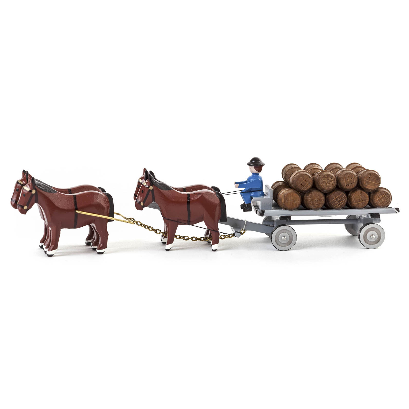 Ein Modell eines Brauereigespanns mit zwei braunen Pferden, die einen Wagen ziehen. Auf dem Wagen sitzt eine Figur und transportiert Bierfässer. im Dregeno Online Shop günstig kaufen
