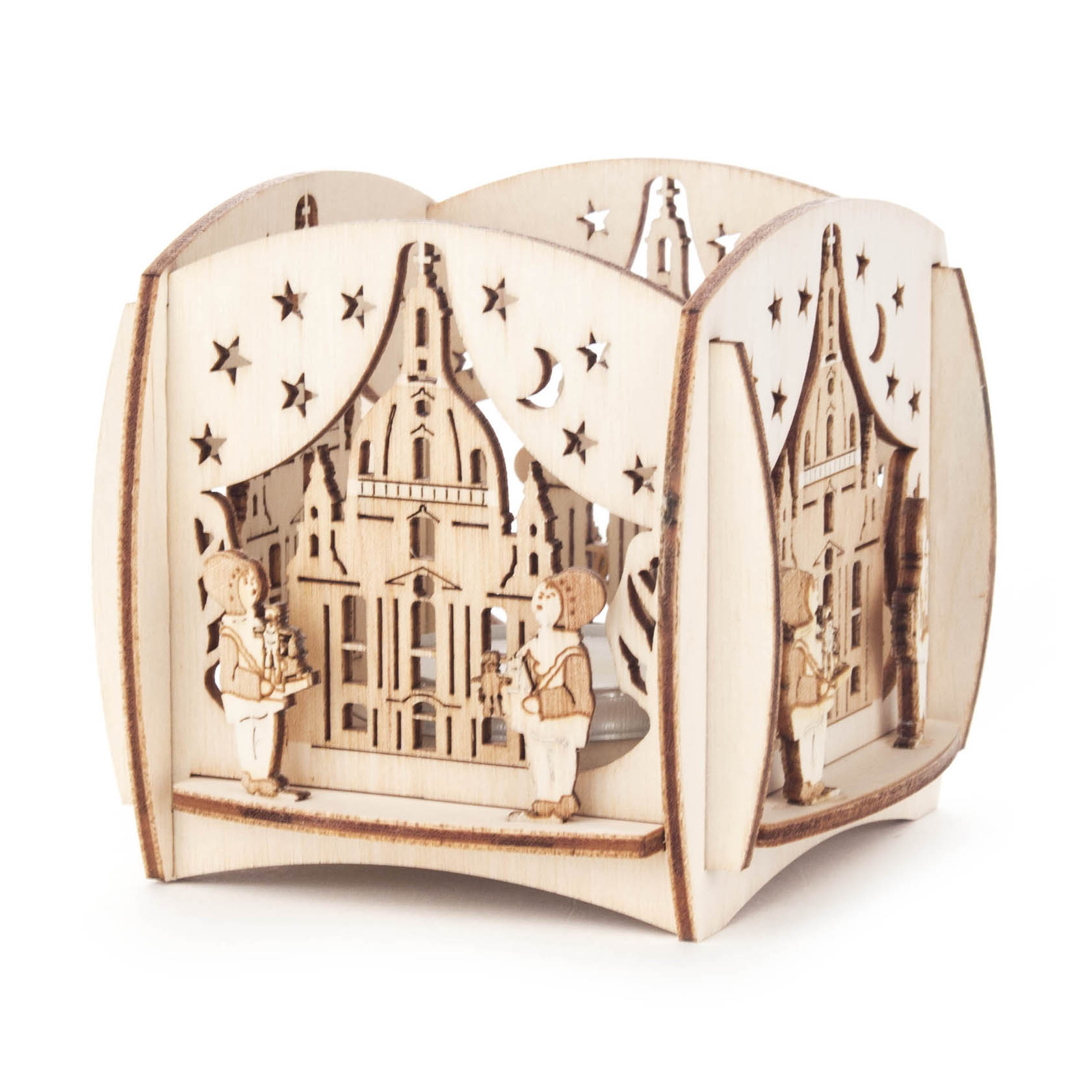 Holz-Teelichthalter mit Motiven der Dresdner Frauenkirche und Striezelkindern, filigran gestaltet mit kleinen Details und Sternendekoration. im Dregeno Online Shop günstig kaufen