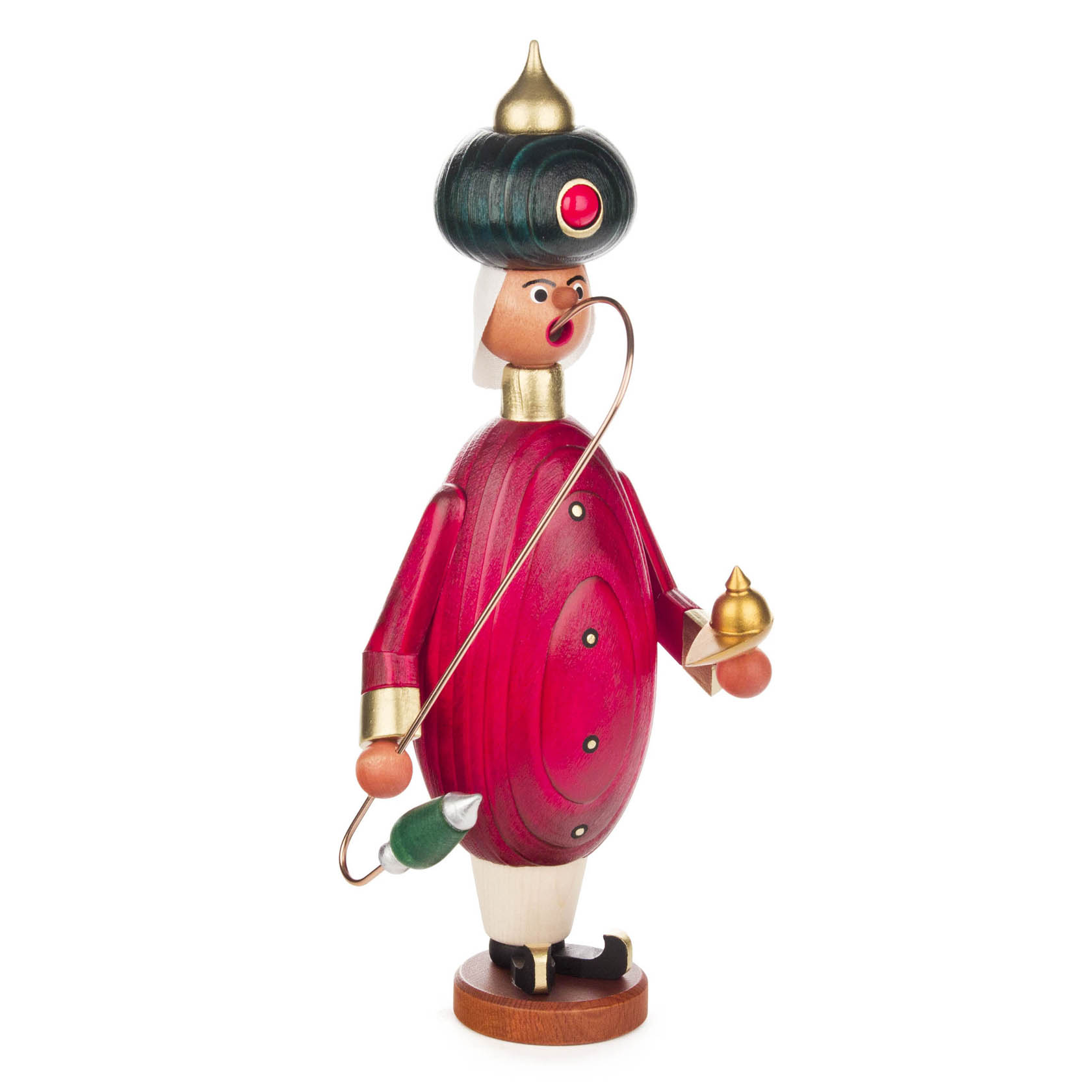 Wooden smoking figure in the shape of Aladdin with a red robe, green turban, and a narrow curved pipe, holding a small gold lamp. im Dregeno Online Shop günstig kaufen
