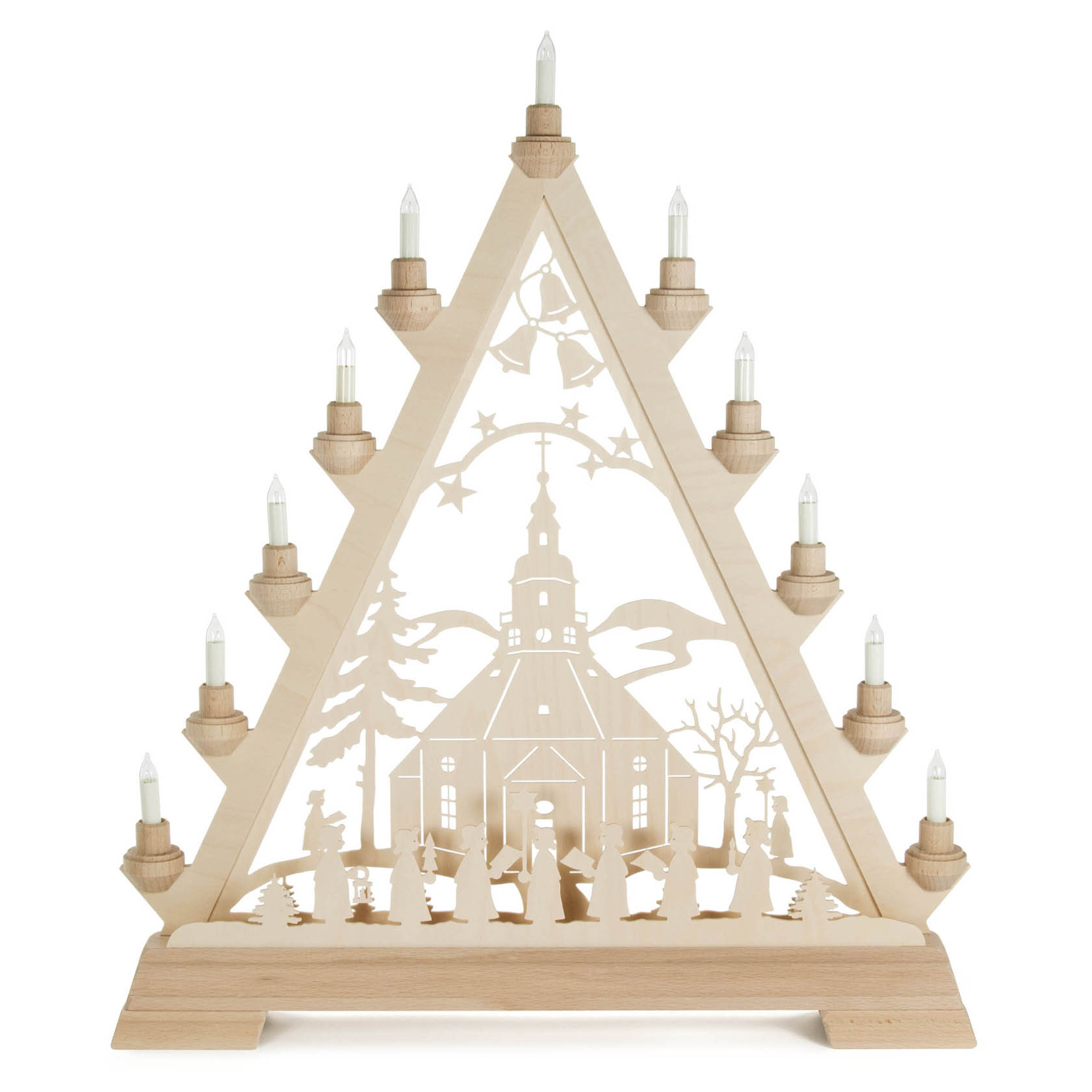 Holzdreieck mit Seiffener Kirche, umgeben von Kurrendesängern, elektrischer Beleuchtung mit Kerzen an den Spitzen. im Dregeno Online Shop günstig kaufen