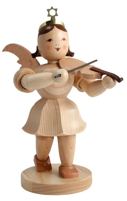 Holzengel in Naturholzoptik mit einem Stern auf dem Kopf, hält eine Violine in den Händen. Der Engel steht aufrecht auf einem runden Sockel. im Dregeno Online Shop günstig kaufen