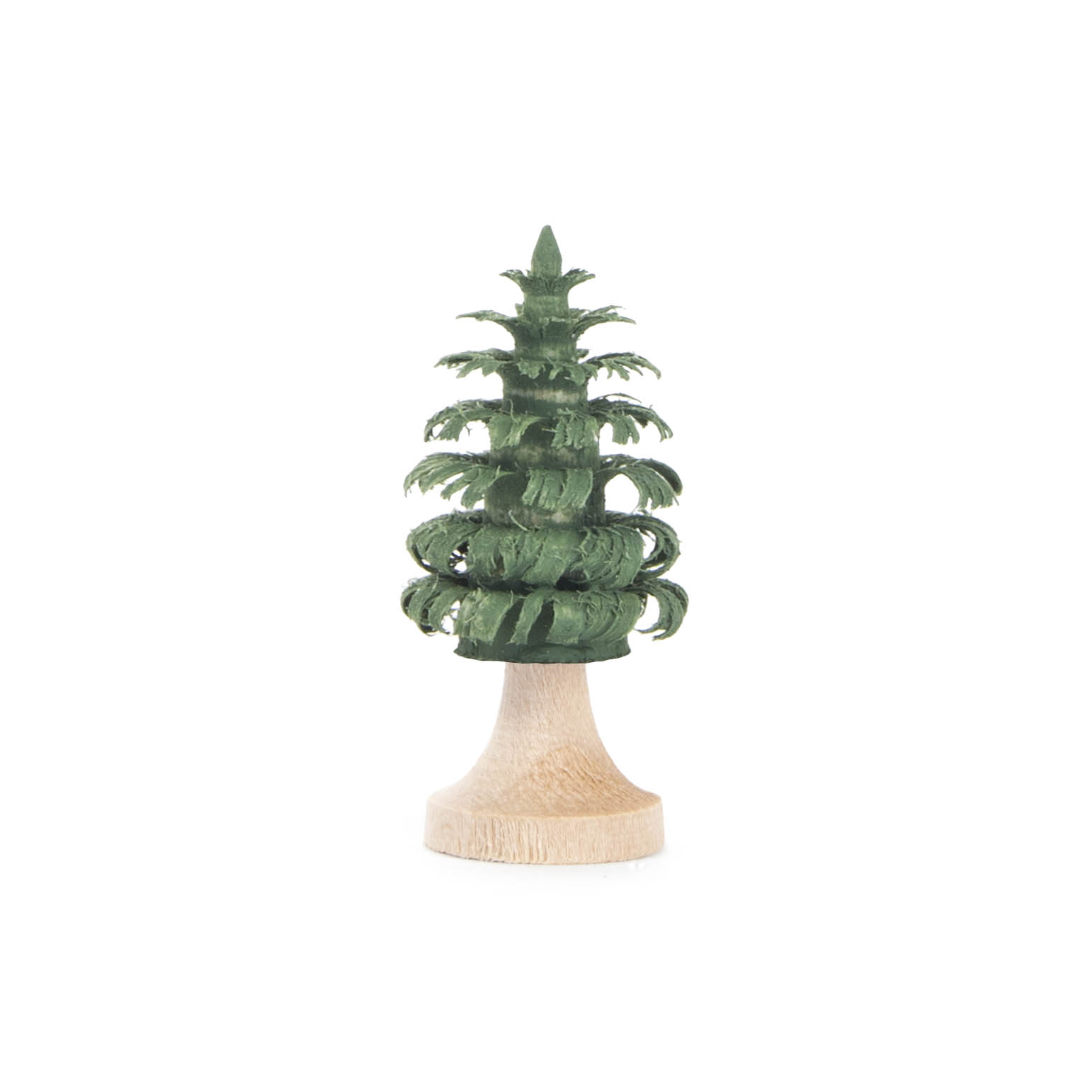 Ein kleiner Ringelbaum mit grünen, spiralförmig angeordneten Ästen auf einem kurzen, naturbelassenen Holzstamm. Der Baum ist etwa 3 cm hoch. im Dregeno Online Shop günstig kaufen