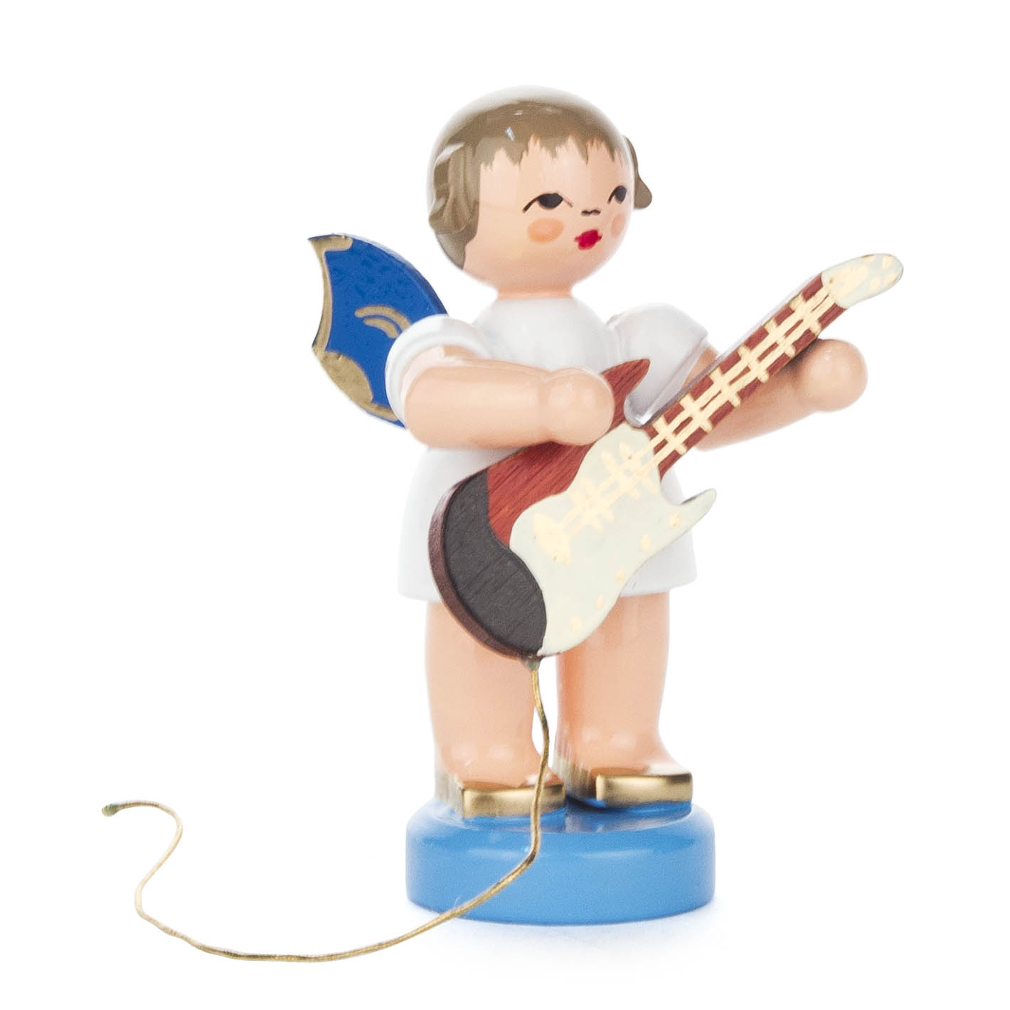 Holzengel mit hellbraunen Haaren, der eine E-Gitarre spielt, in weißen Kleidern und blauen Flügeln stehend auf einem blauen Sockel. im Dregeno Online Shop günstig kaufen
