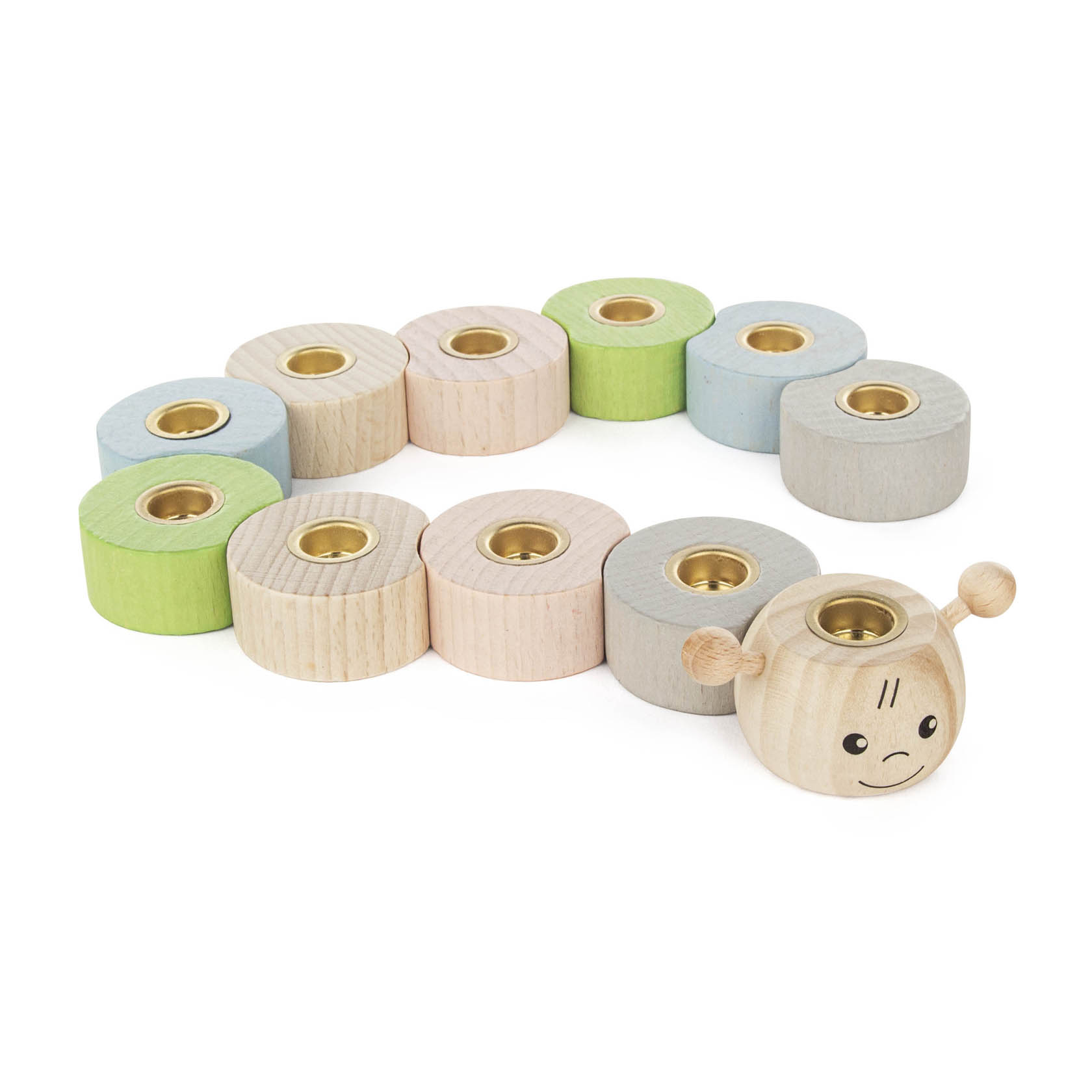 Geburtsraupe in Form einer Holzraupe mit farbigen Segmenten in Pastelltönen, inklusive apfelgrünen Elementen. Ein Segment zeigt ein lächelndes Gesicht. im Dregeno Online Shop günstig kaufen