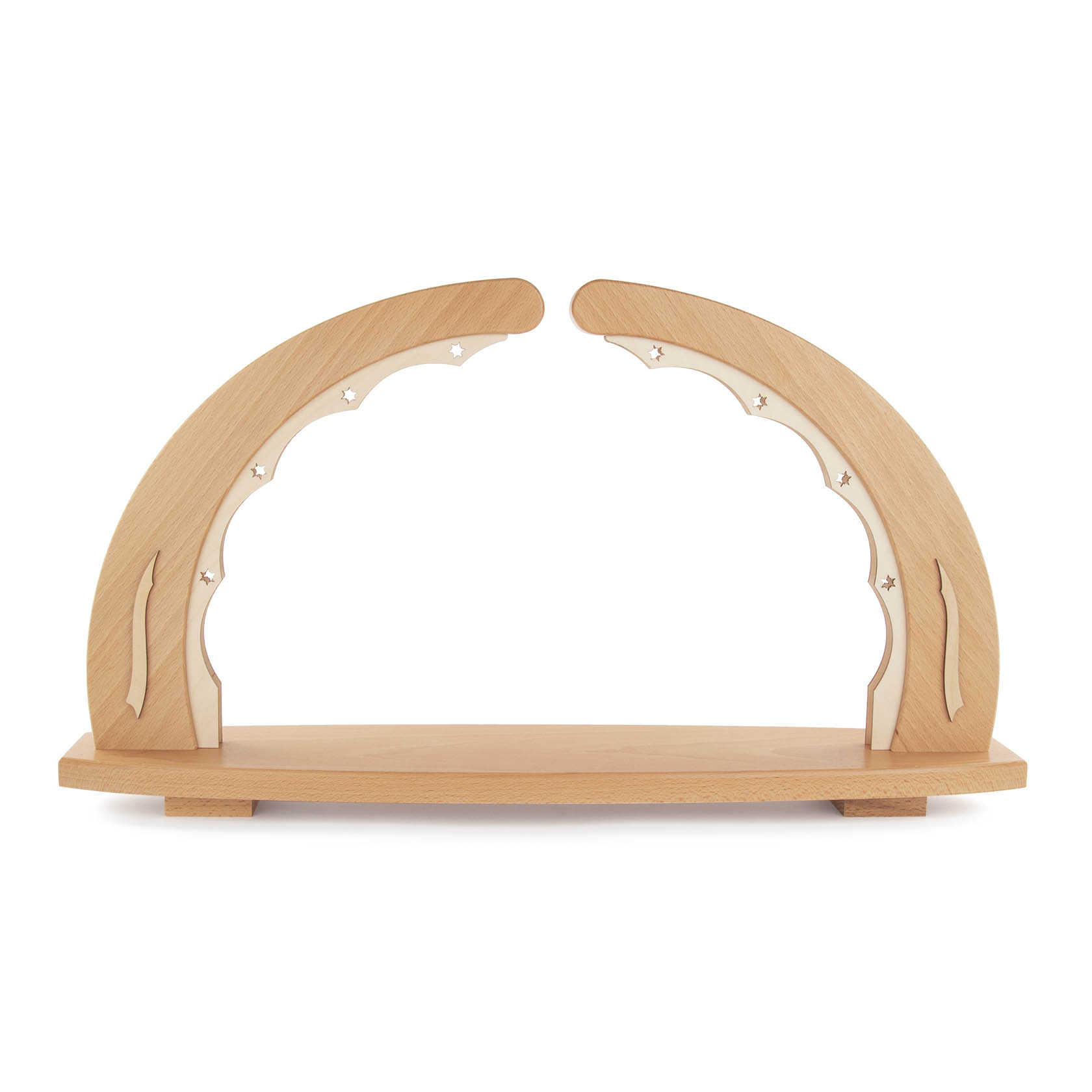 Unbestückter Schwibbogen aus hellem Holz mit LED-Beleuchtung im Inneren, auf rechteckiger Basis stehend. im Dregeno Online Shop günstig kaufen