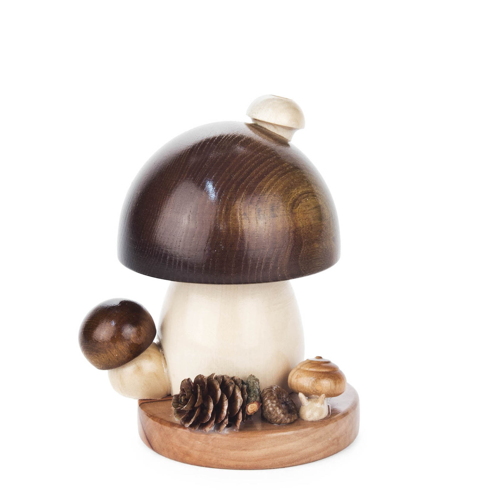 Räucherpilz in Form einer kleinen, runden Braunkappe. Der Pilz ist aus Holz, teilweise naturbelassen und teilweise dunkelbraun. im Dregeno Online Shop günstig kaufen