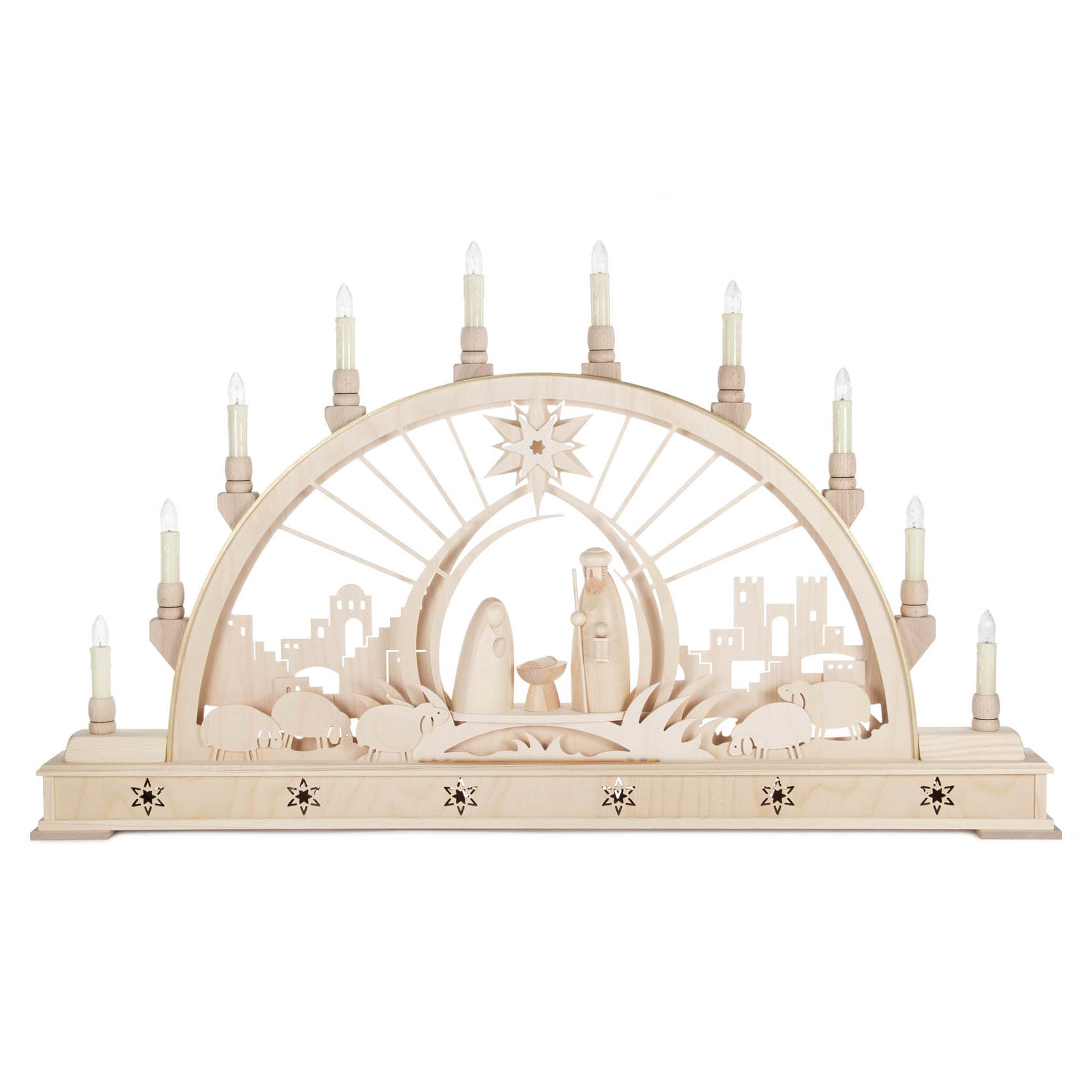 Ein Schwibbogen aus Holz zeigt die Szene der Geburt Christi mit Figuren von Maria, Josef und dem Jesuskind, umgeben von Schafen, unter einem leuchtenden Stern. im Dregeno Online Shop günstig kaufen
