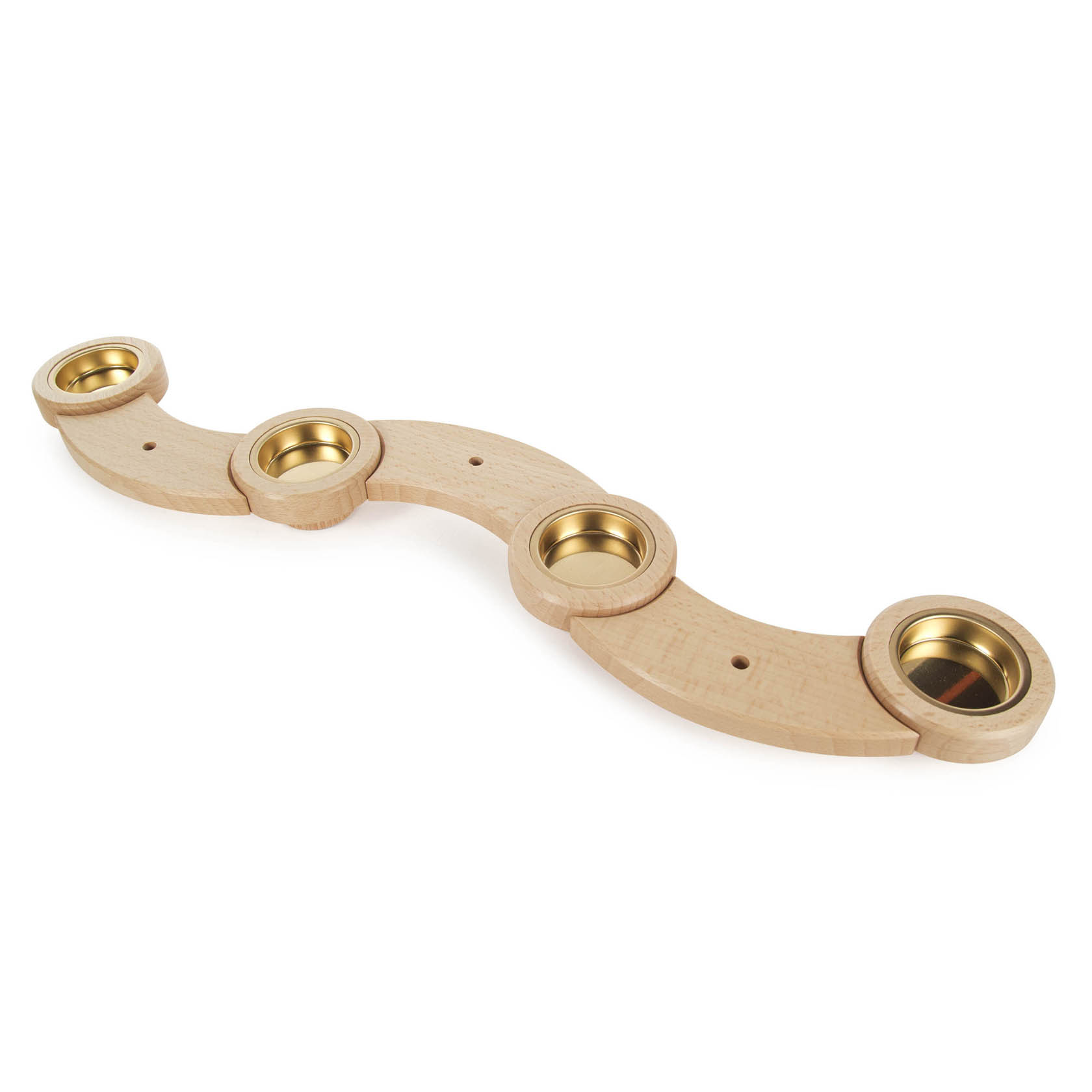 Holzleuchter in Schlangenform mit vier Teelicht-Halterungen, goldfarben, auf einer flachen Oberfläche.