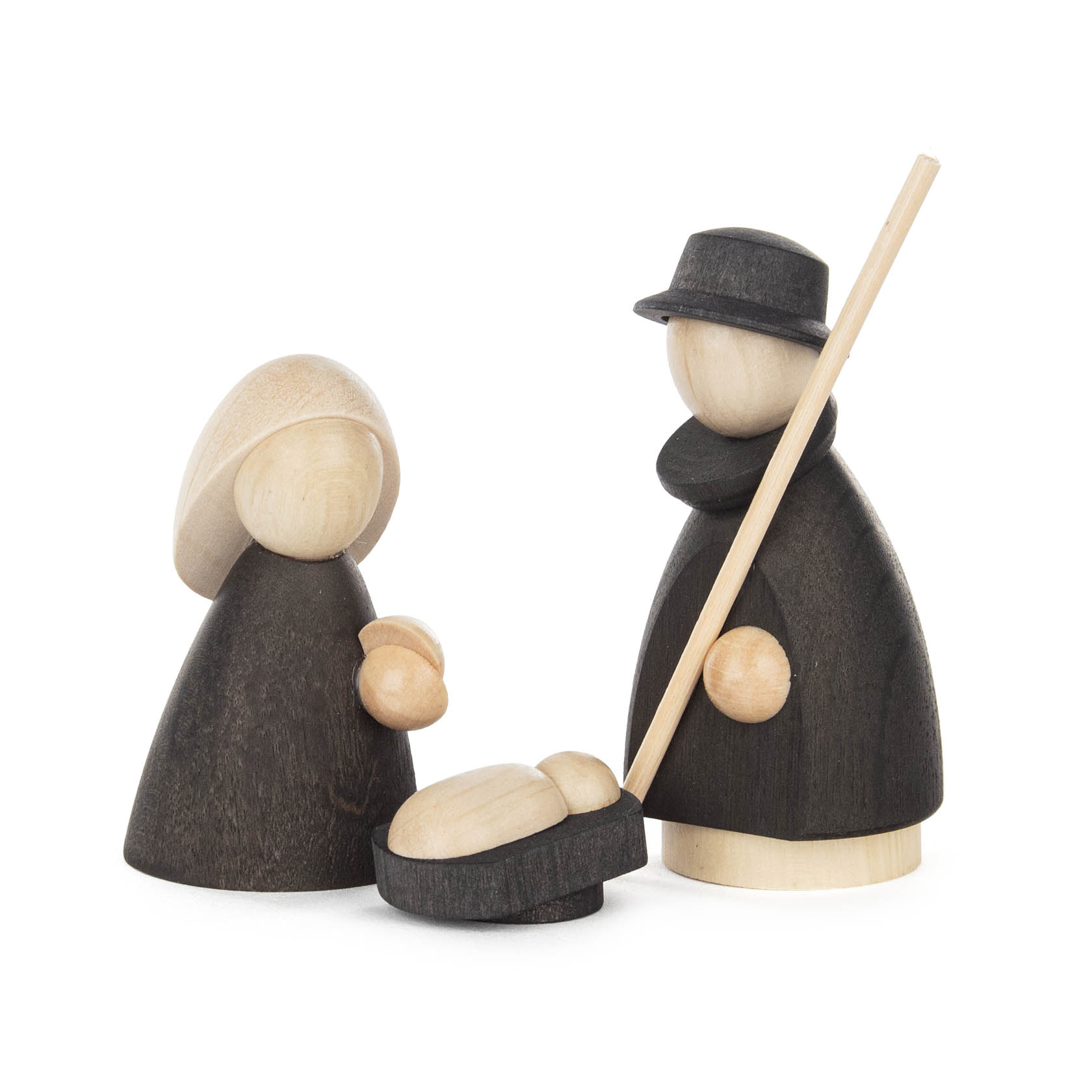 Abstrakte Holzfiguren der Heiligen Familie: Maria, Josef mit Stab und das Jesuskind in einer Krippe. Figuren in Natur- und Anthrazitfarben gehalten. im Dregeno Online Shop günstig kaufen