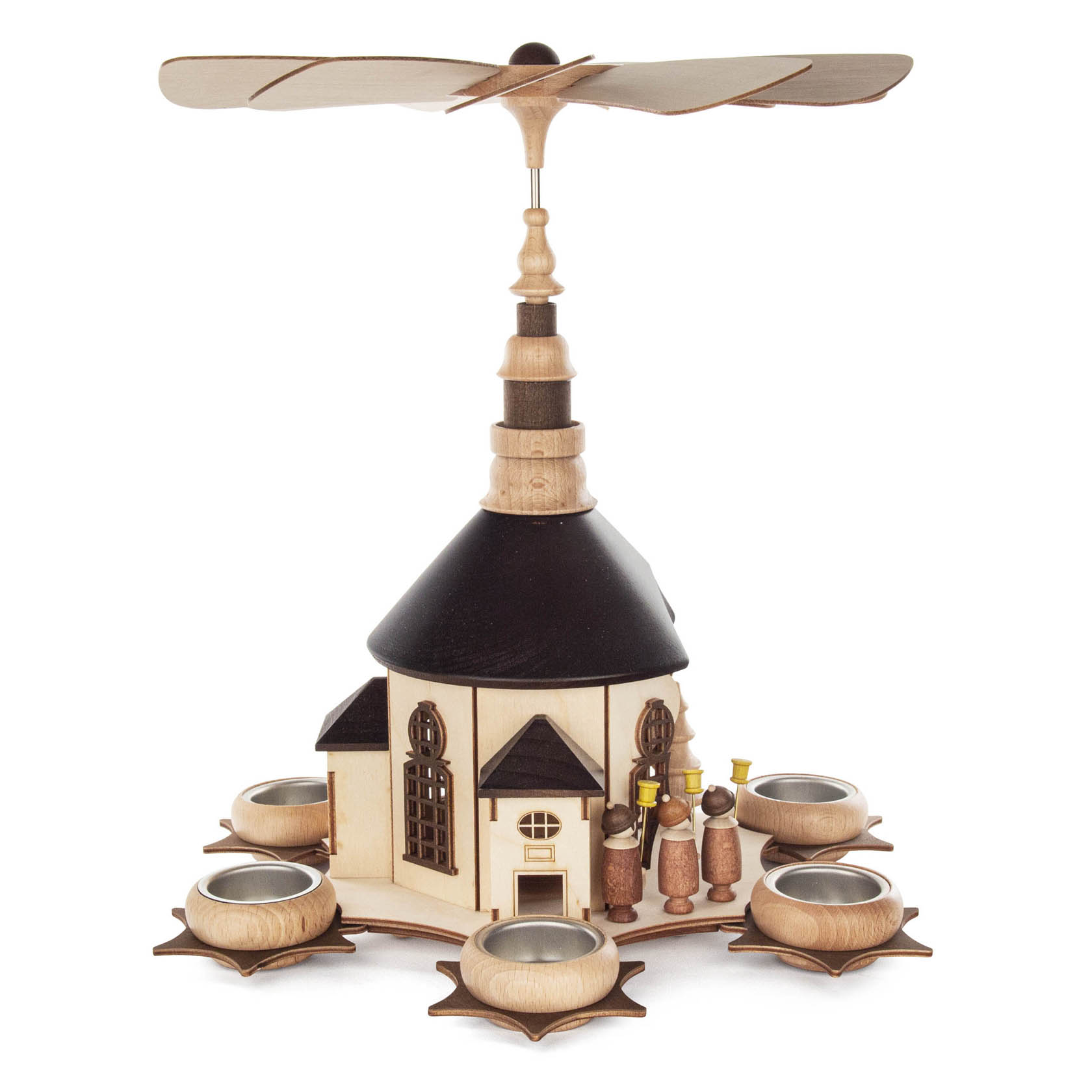 Große Seiffener Kirche Pyramide aus Holz mit Platz für Teelichte, Engel und Figuren um die Kirche herum, mit einem Windrad auf der Spitze.