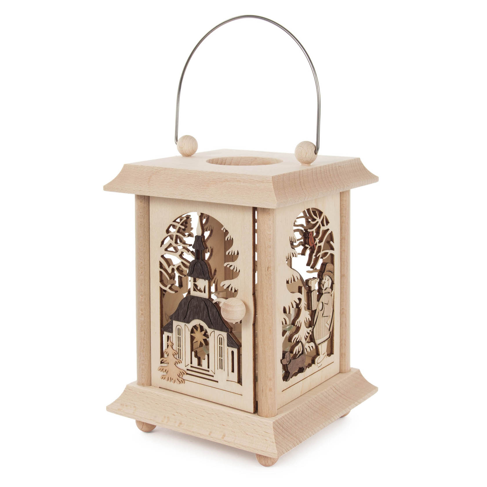 Wooden Seiffen table lantern with glass insert, intricately carved scenes including a church and trees, suitable for a tealight or votive candle.