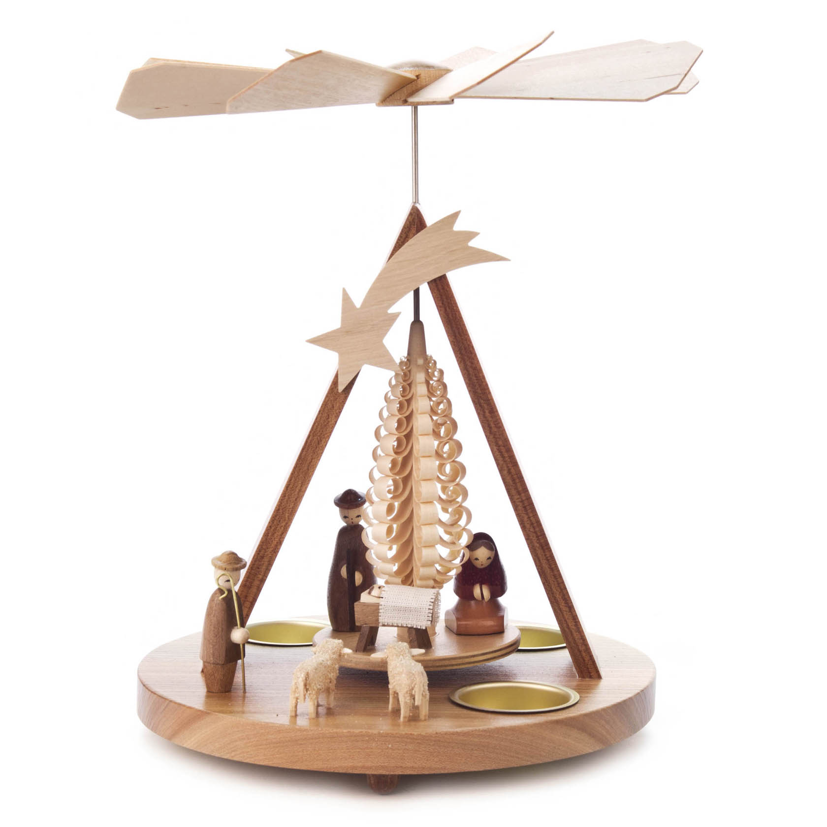 Weihnachtspyramide mit Holzfiguren der Krippenszene, inklusive Maria, Josef, Jesuskind und zwei Schafen. Oben befinden sich Flügel für den Antrieb durch Teelichte. im Dregeno Online Shop günstig kaufen