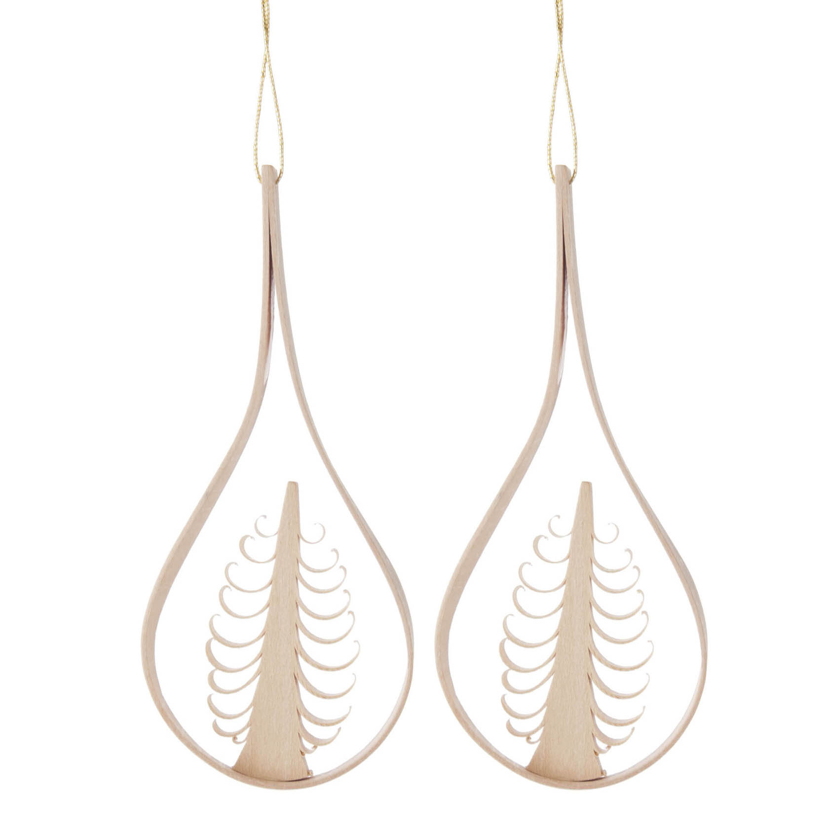 Zwei hölzerne Tropfenanhänger mit einem flachen, stilisierten Weihnachtsbaum im Inneren. Jeder Tropfen hat eine Schnur zum Aufhängen. im Dregeno Online Shop günstig kaufen