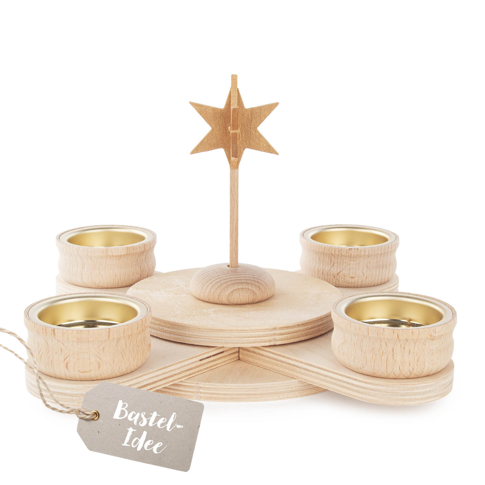 Wooden cross-shaped tea light holder set with a central star, capable of holding four tea lights, with a natural wood finish. im Dregeno Online Shop günstig kaufen